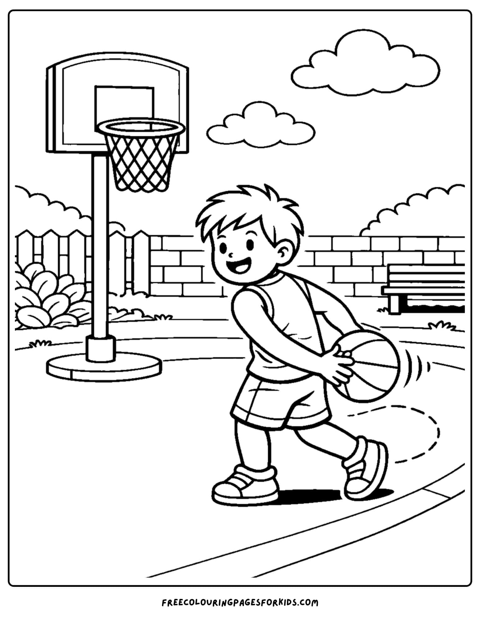 a basketball coloring page of a player passing the ball behind their back