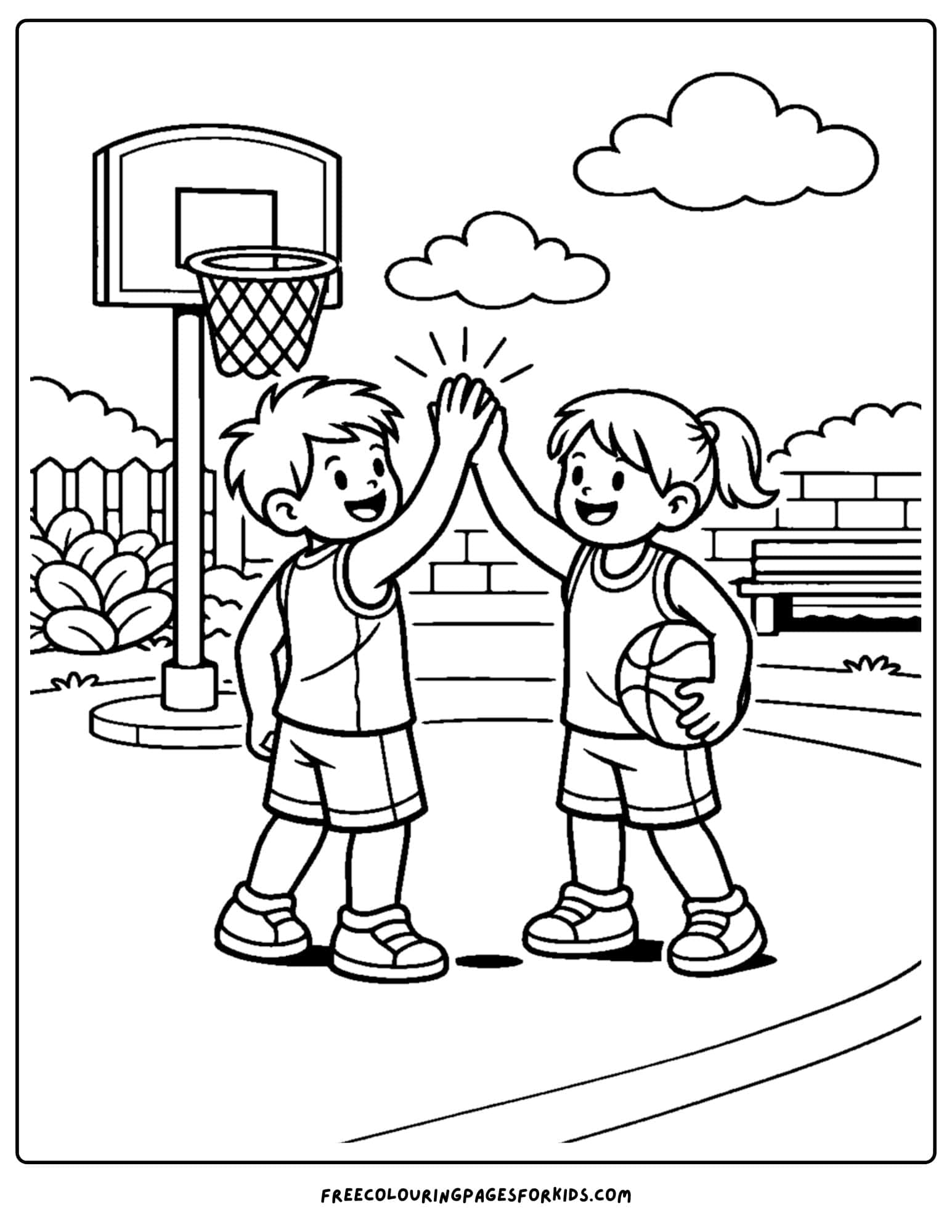 a basketball coloring page of a high five between friends