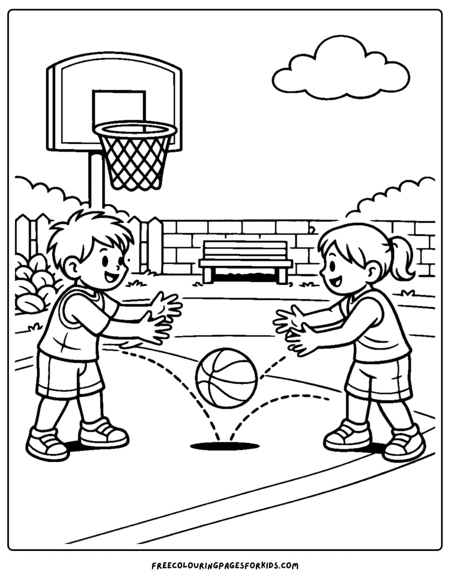 a basketball coloring page of players bouncing the ball between each other for practice