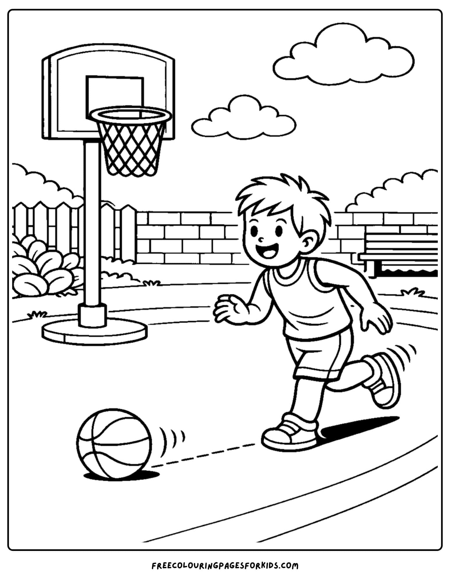 a basketball coloring page of a player chasing after a ball that is rolling away