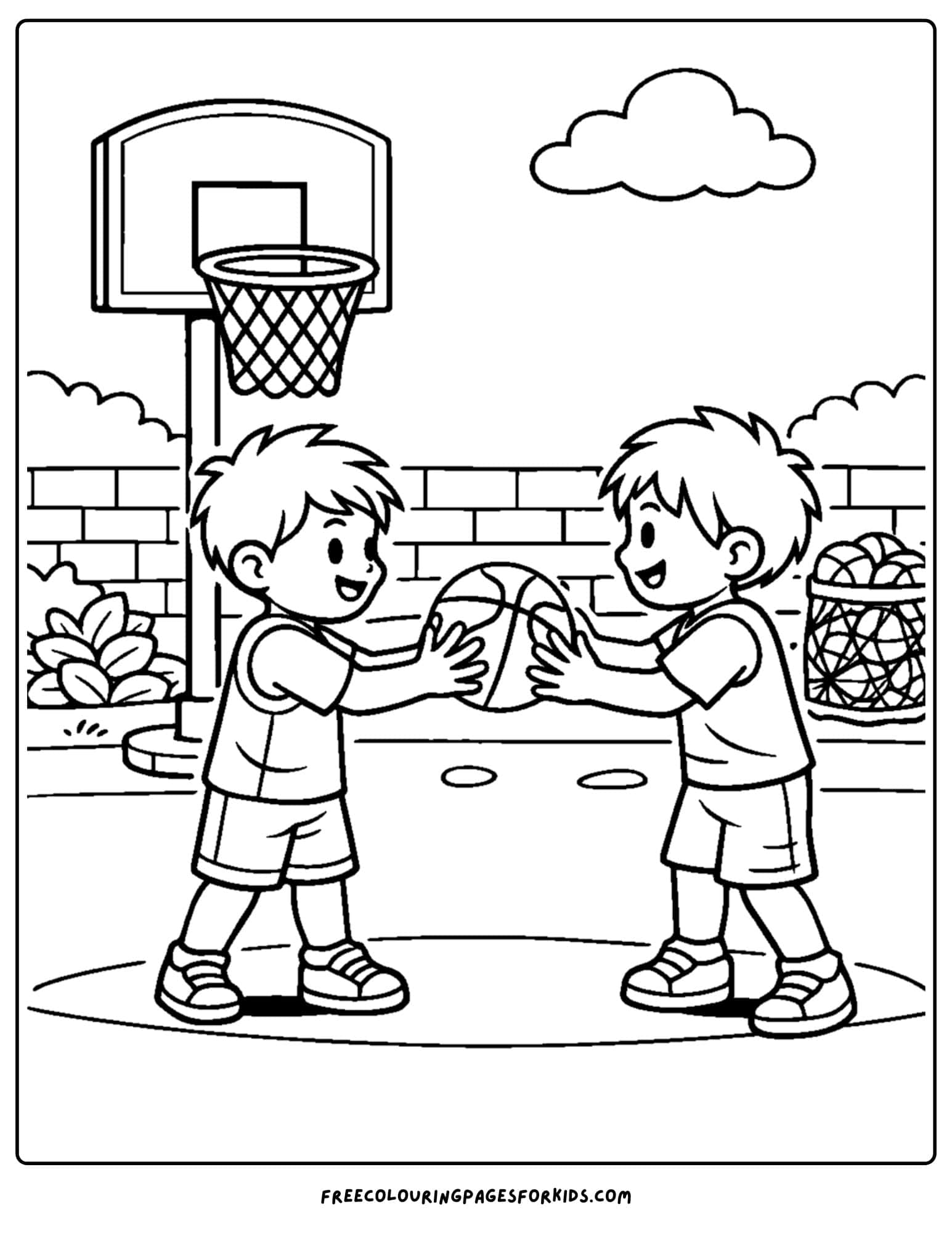 a basketball coloring page of players doing chest pass practice