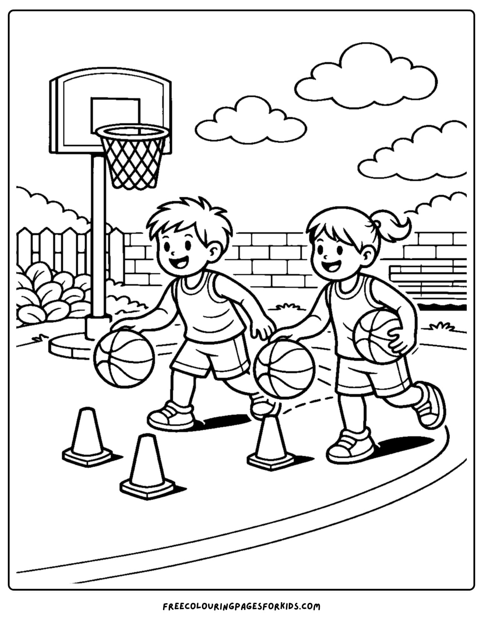 a basketball coloring page of a player cone relay race