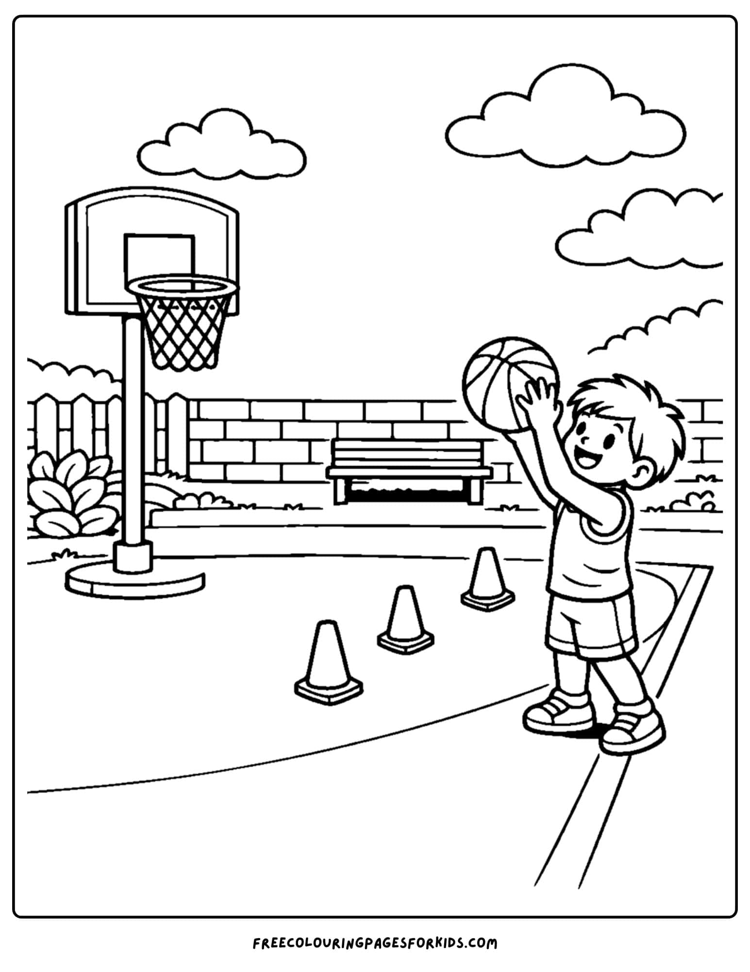 a basketball coloring page of a player taking shots from cone positions