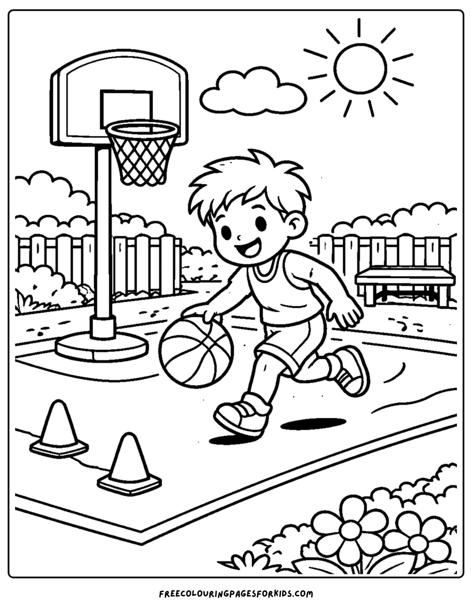 a basketball coloring page of a player driving the ball to the ring