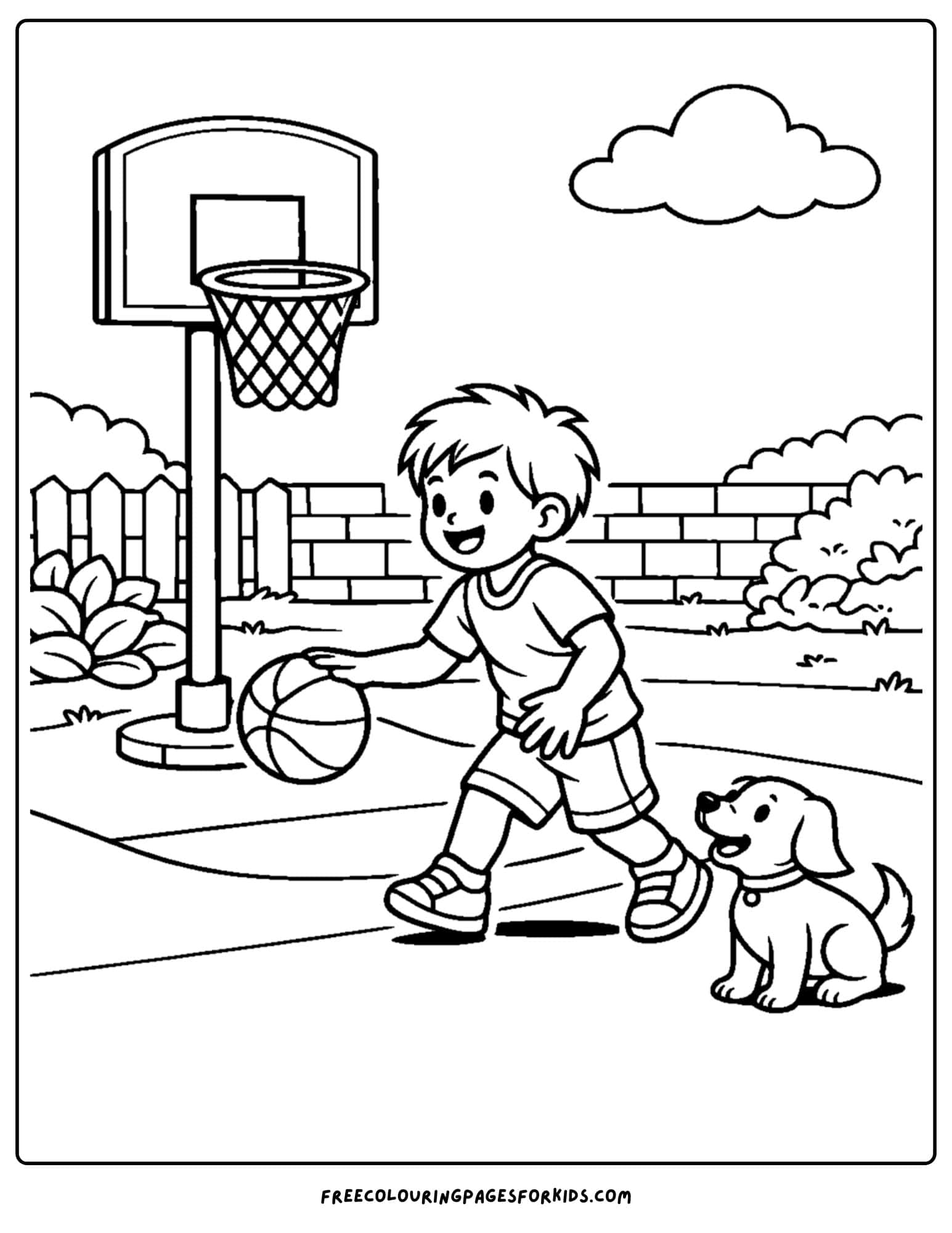 a basketball coloring page of a child playing ball with their dog running behind