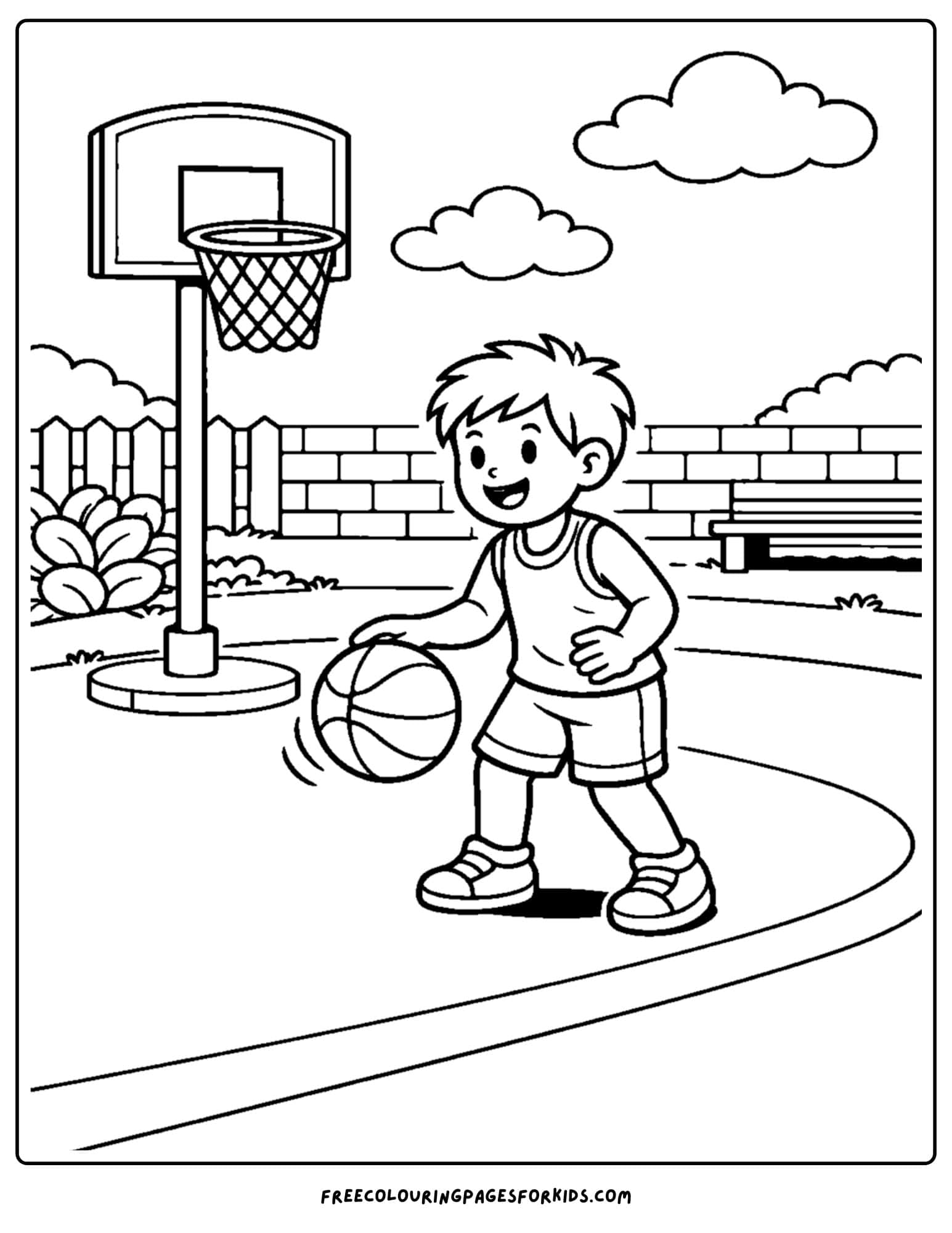a basketball coloring page of a player dribbling the ball in one spot