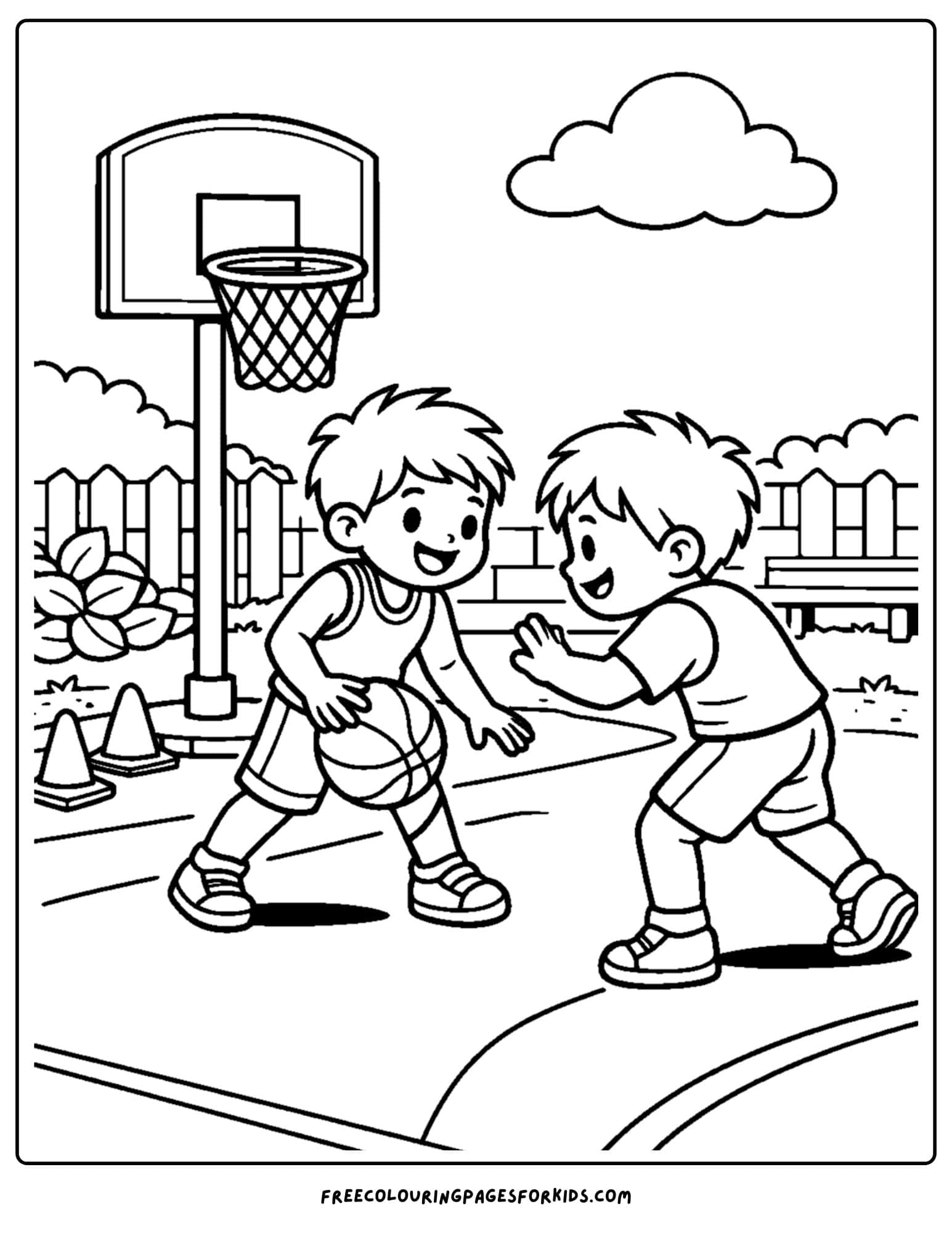 a basketball coloring page of a friendly one on one game with friends