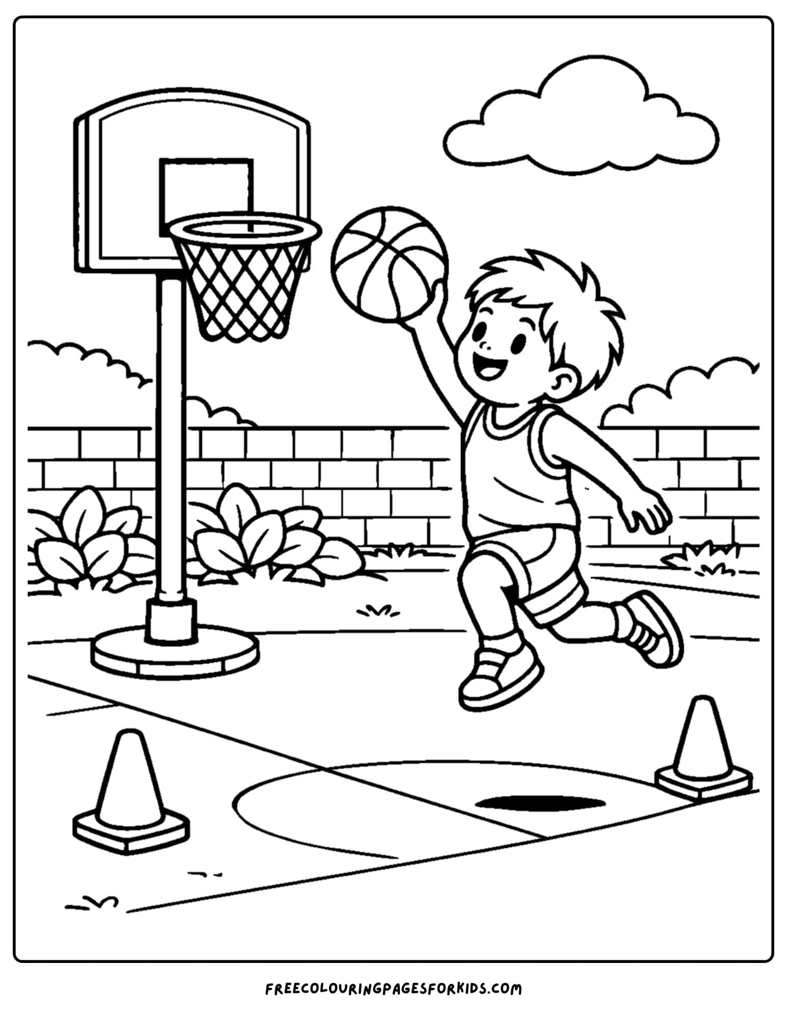 a basketball coloring page of a player doing a a layup