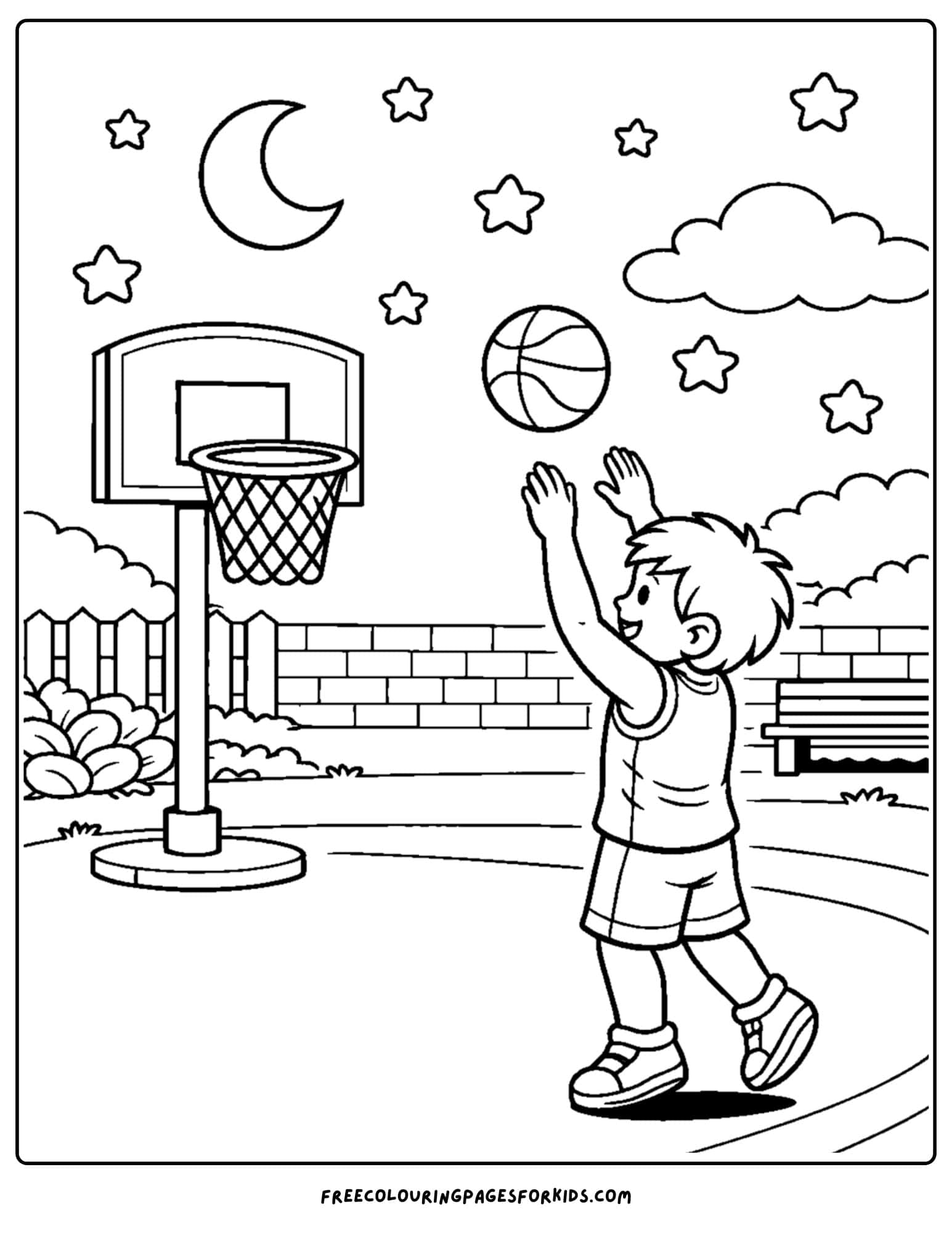 a basketball coloring page of a child playing ball at night under the moon