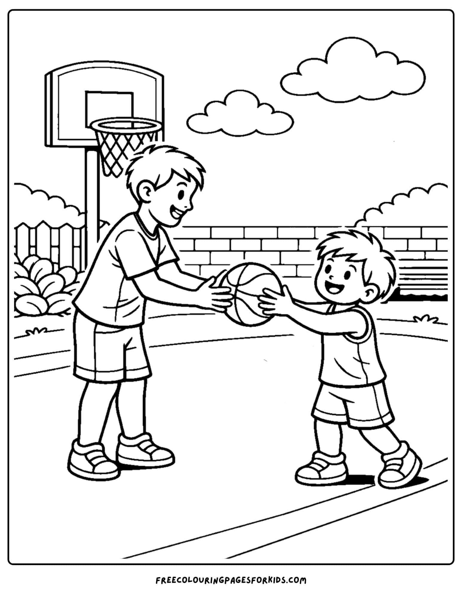 a basketball coloring page of a parent passing the ball to their child