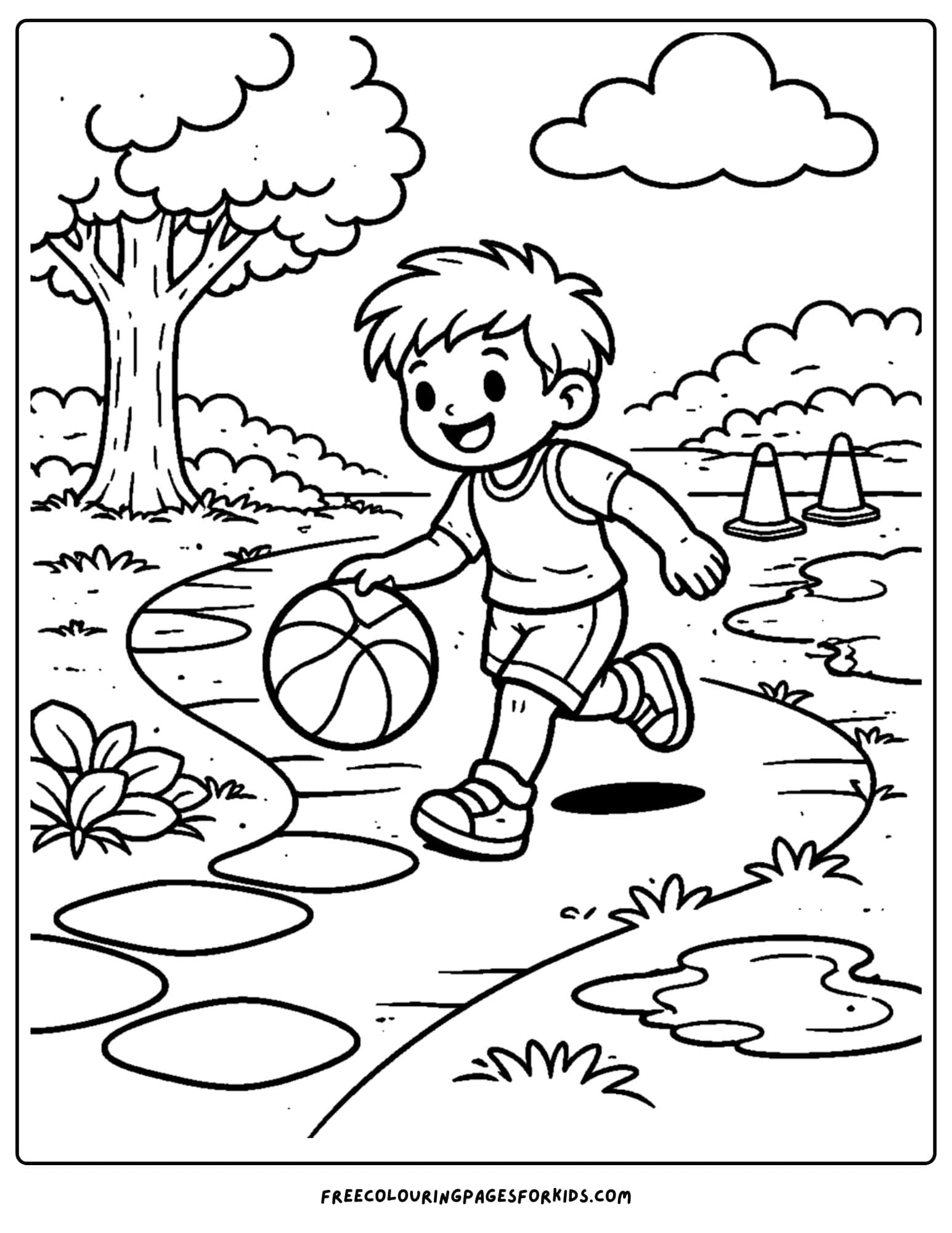 a basketball coloring page of a child dribbling the ball down a park path