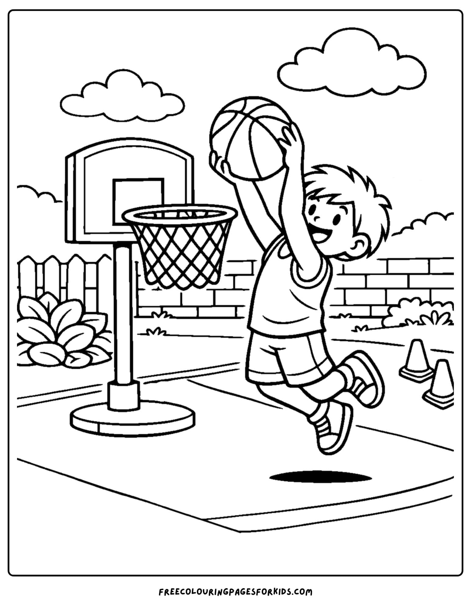 a basketball coloring page of a player doing a slam dunk