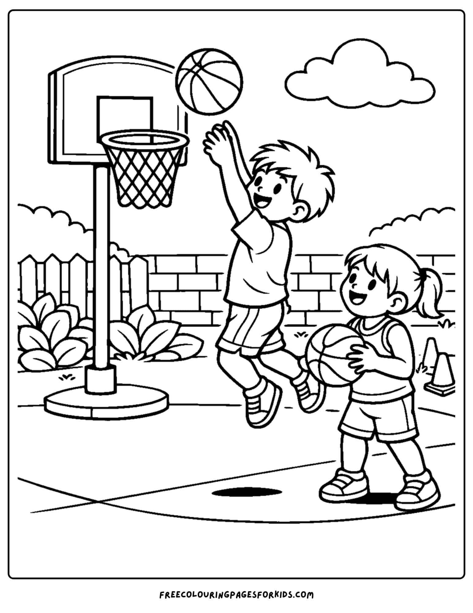 a basketball coloring page of siblings playing ball with each other