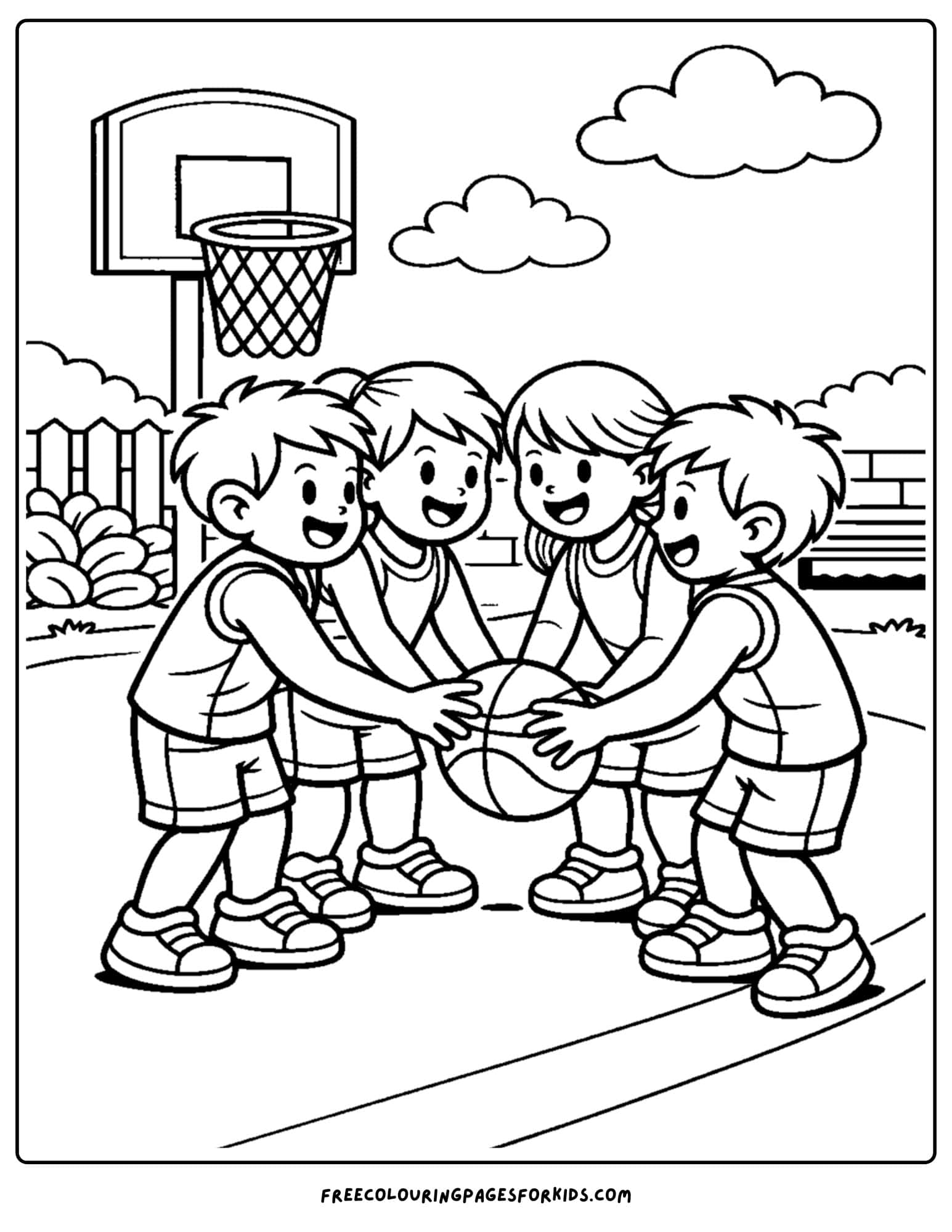 a basketball coloring page of a team huddle before a game