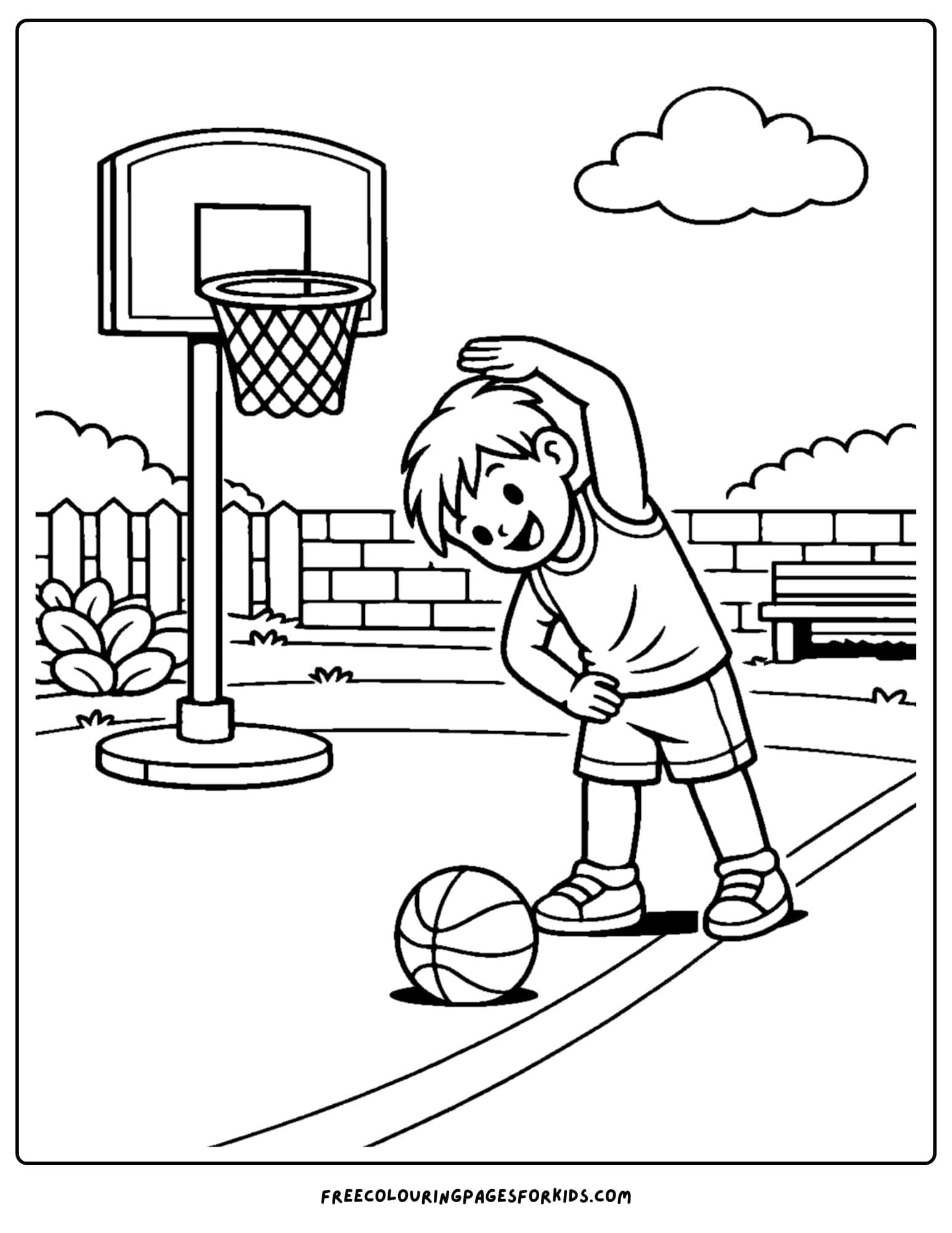 a basketball coloring page of a player doing a warm up stretch
