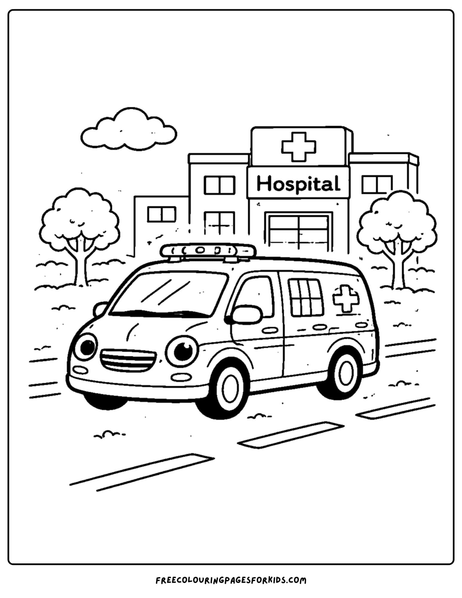 a coloring page of an ambulance going to the hospital
