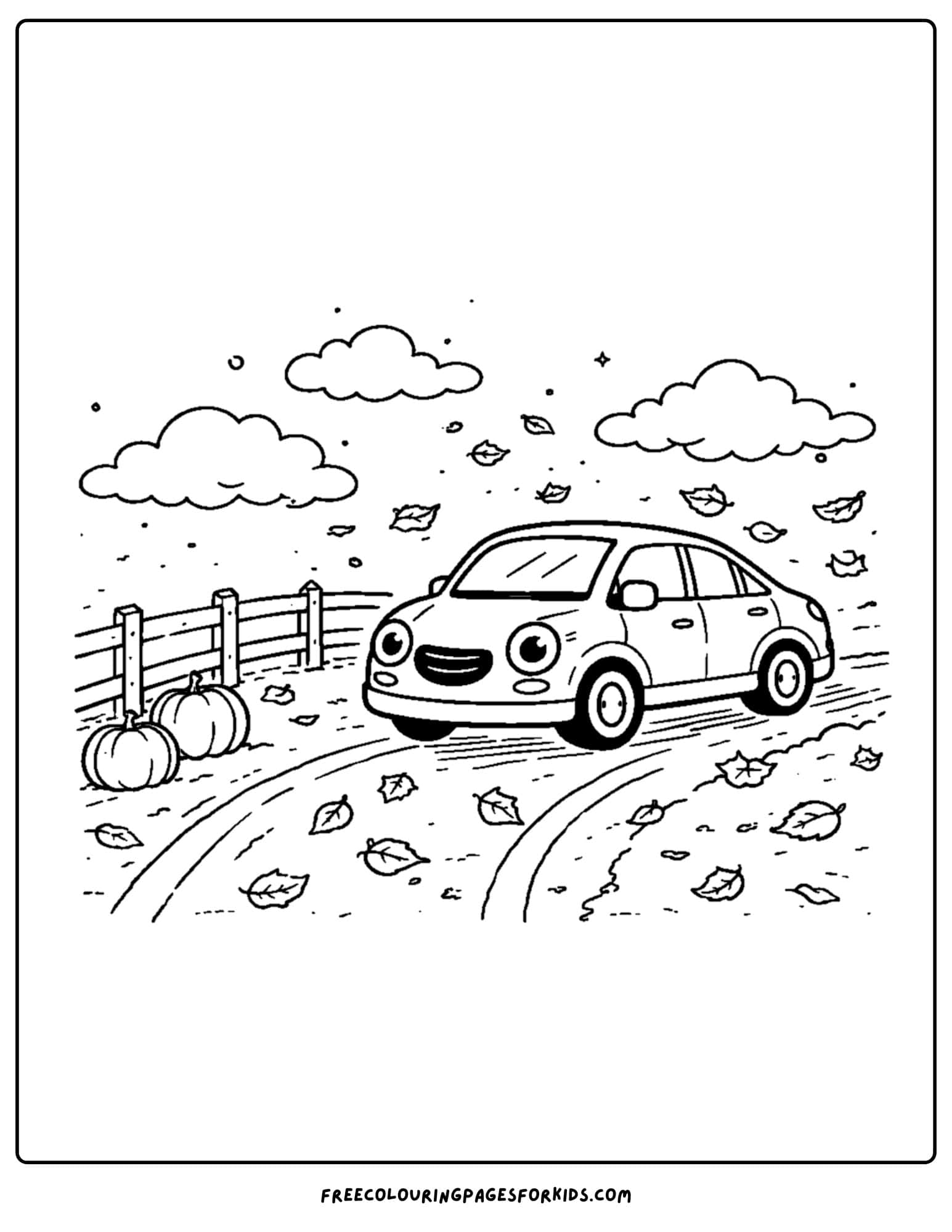 a coloring page of a car going on an autumn afternoon drive across the countryside