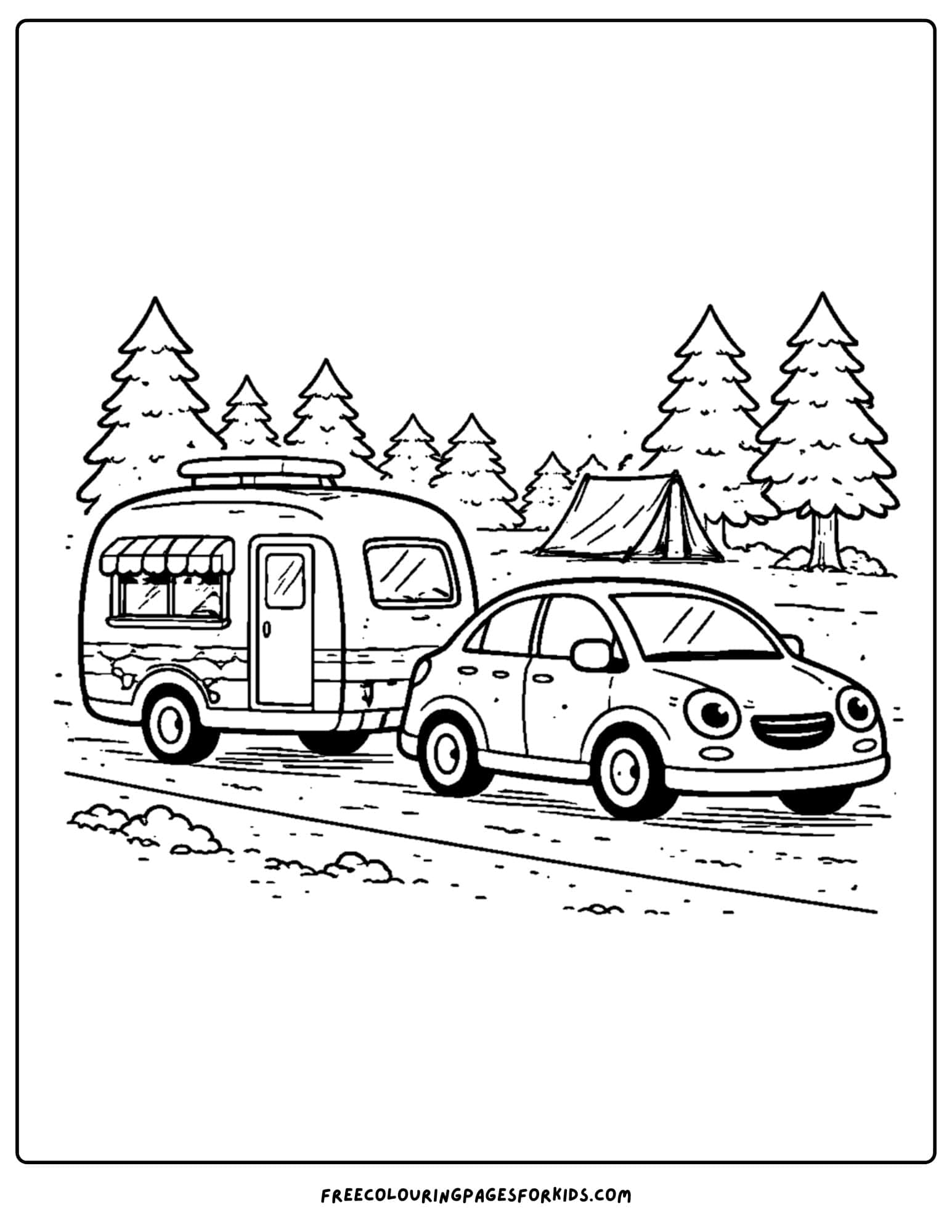 a coloring page of a car and a caravan going away on a holiday