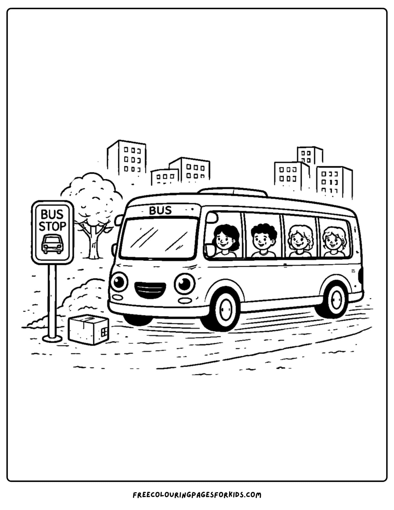 a coloring page of a bus stopped at a bus stop
