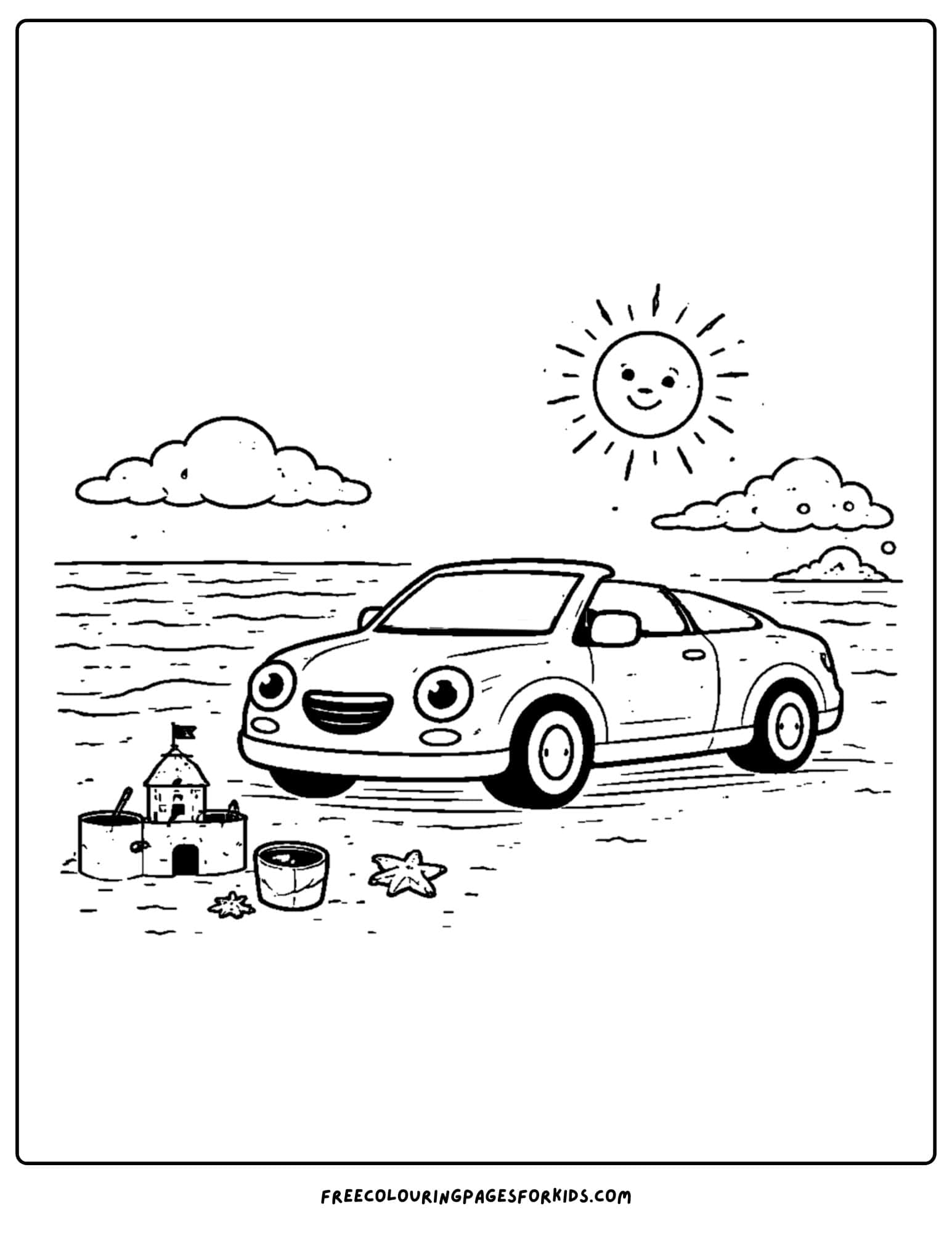 a coloring page of a convertible parked at the beach