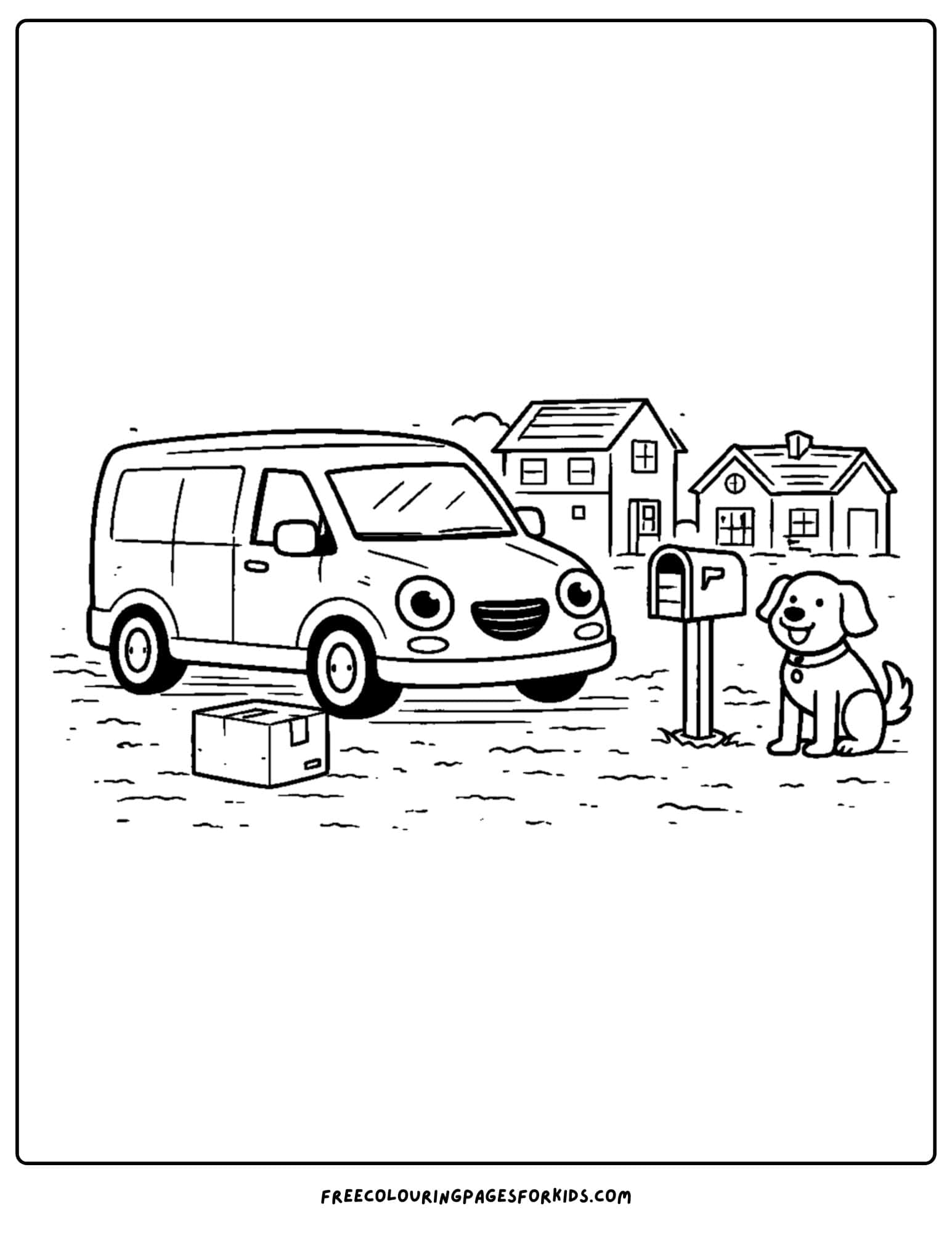 a coloring page of a delivery van stopped to drop off a package