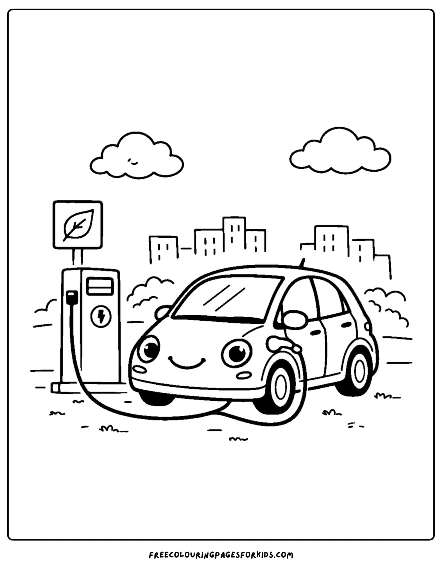 a coloring page of an electric car charging up
