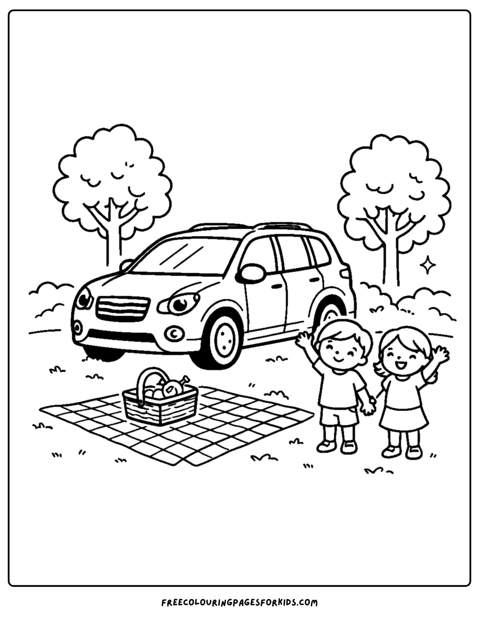 a coloring page of a family suv taking the kids out for a park picnic