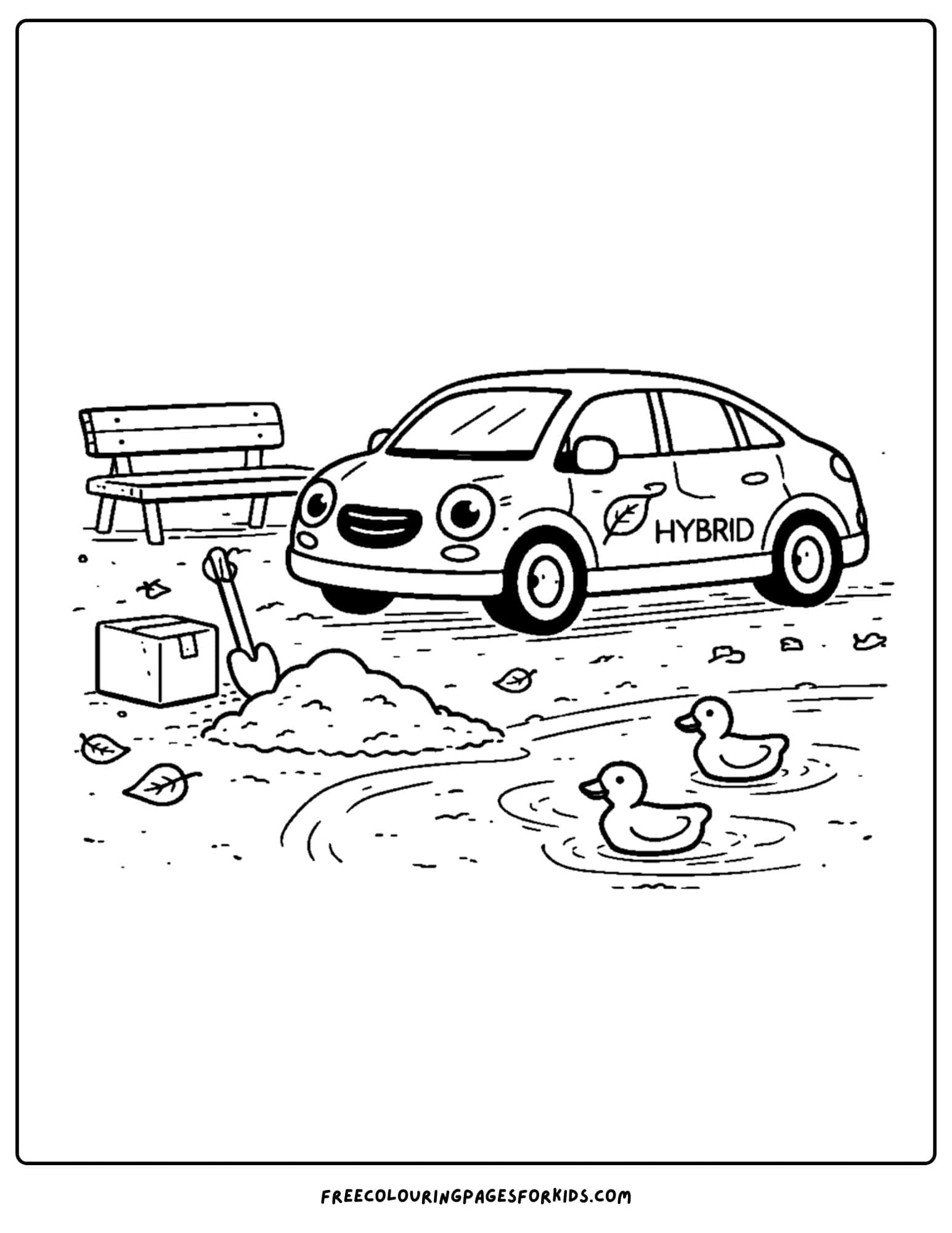 a coloring page of a hybrid car parked next to a pond with ducks in it