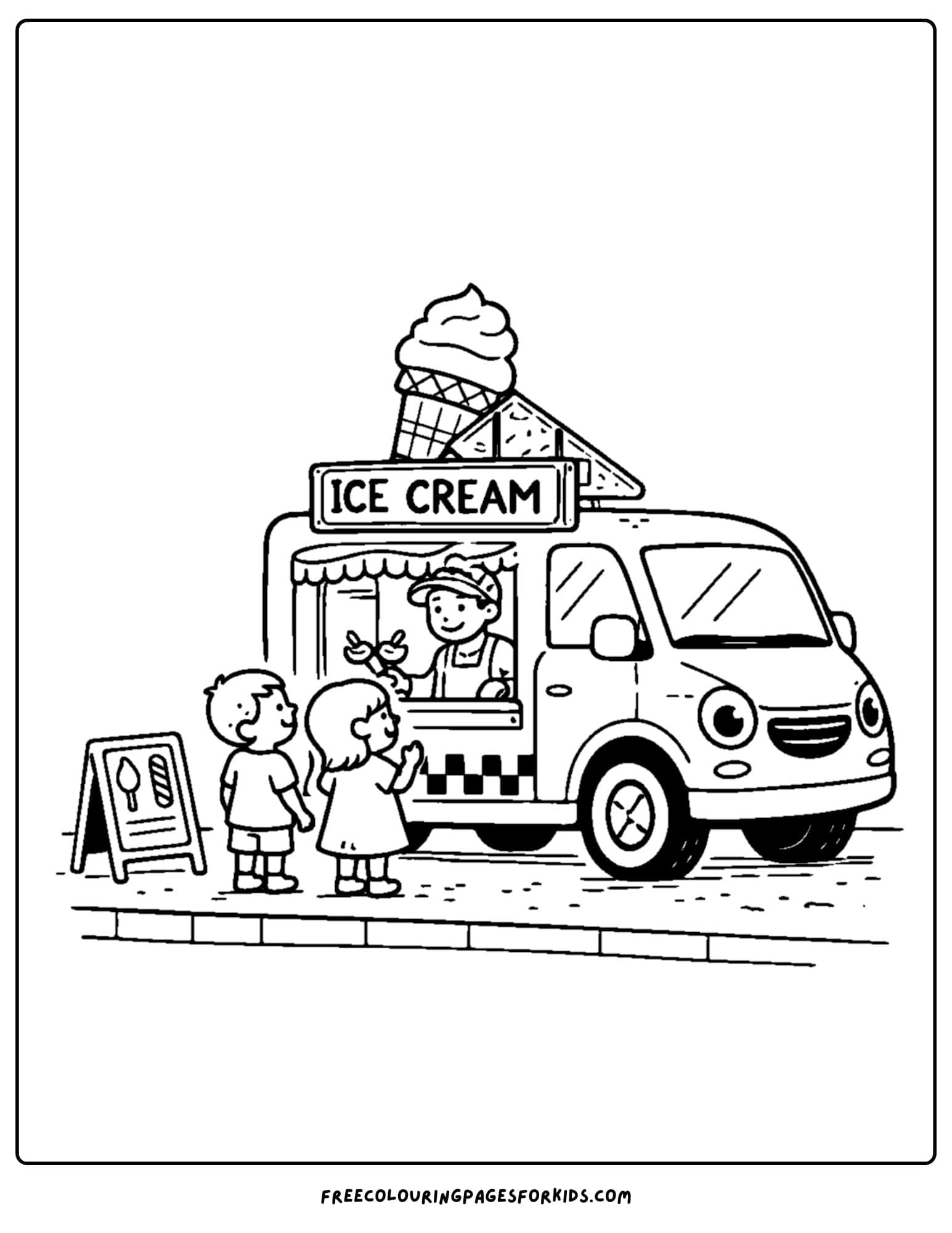 a coloring page of an ice cream van serving kids ice cream