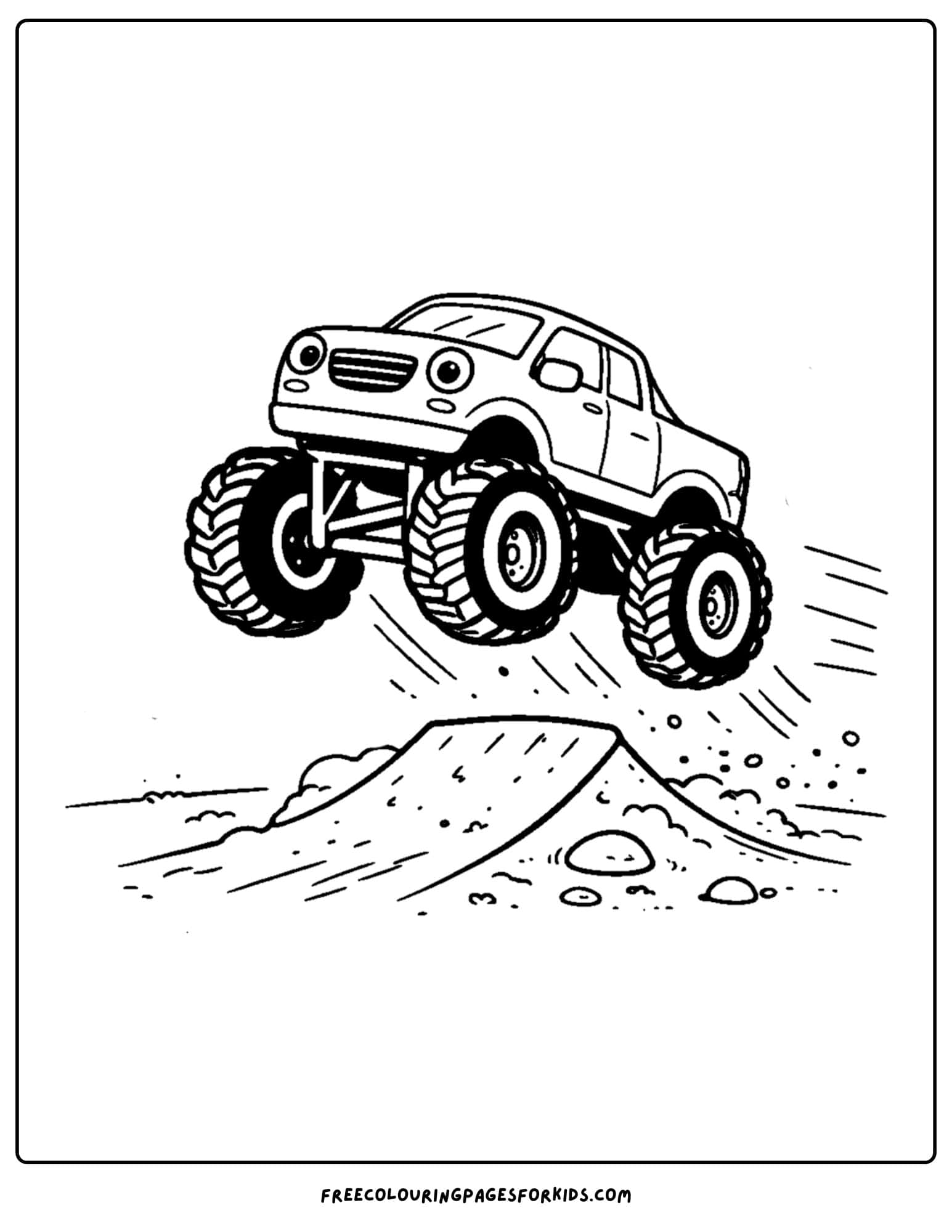 a coloring page of a monster truck going over a big jump