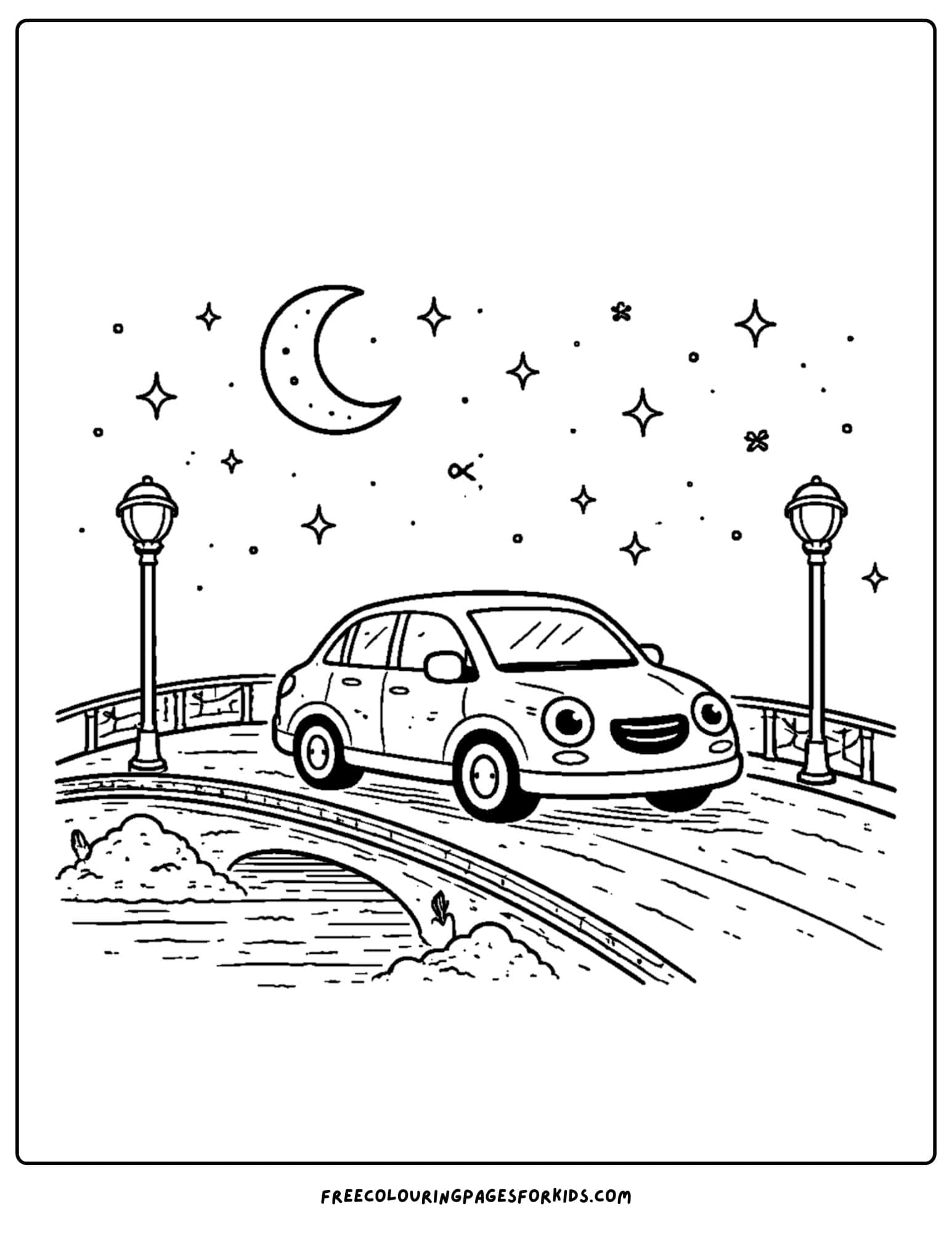 a coloring page of a car driving over a bridge at night