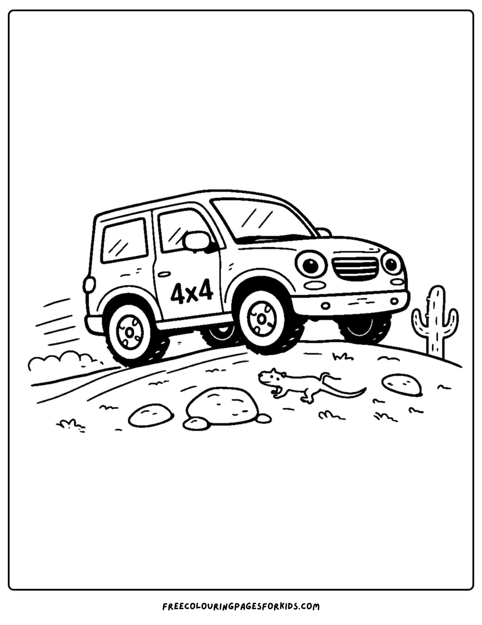a coloring page of a 4x4 driving up a hill