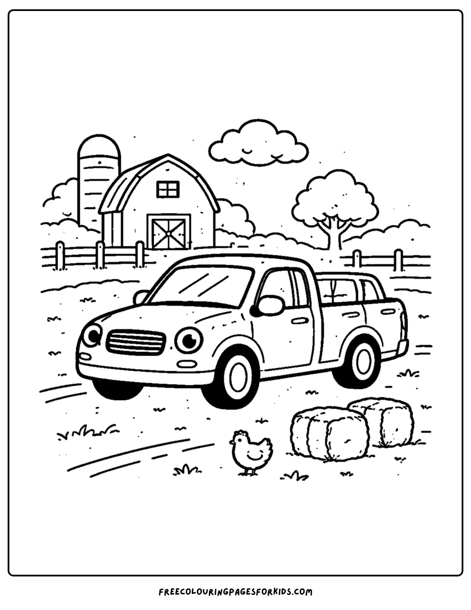 a coloring page of a pickup truck parked at a farm in front of a barn