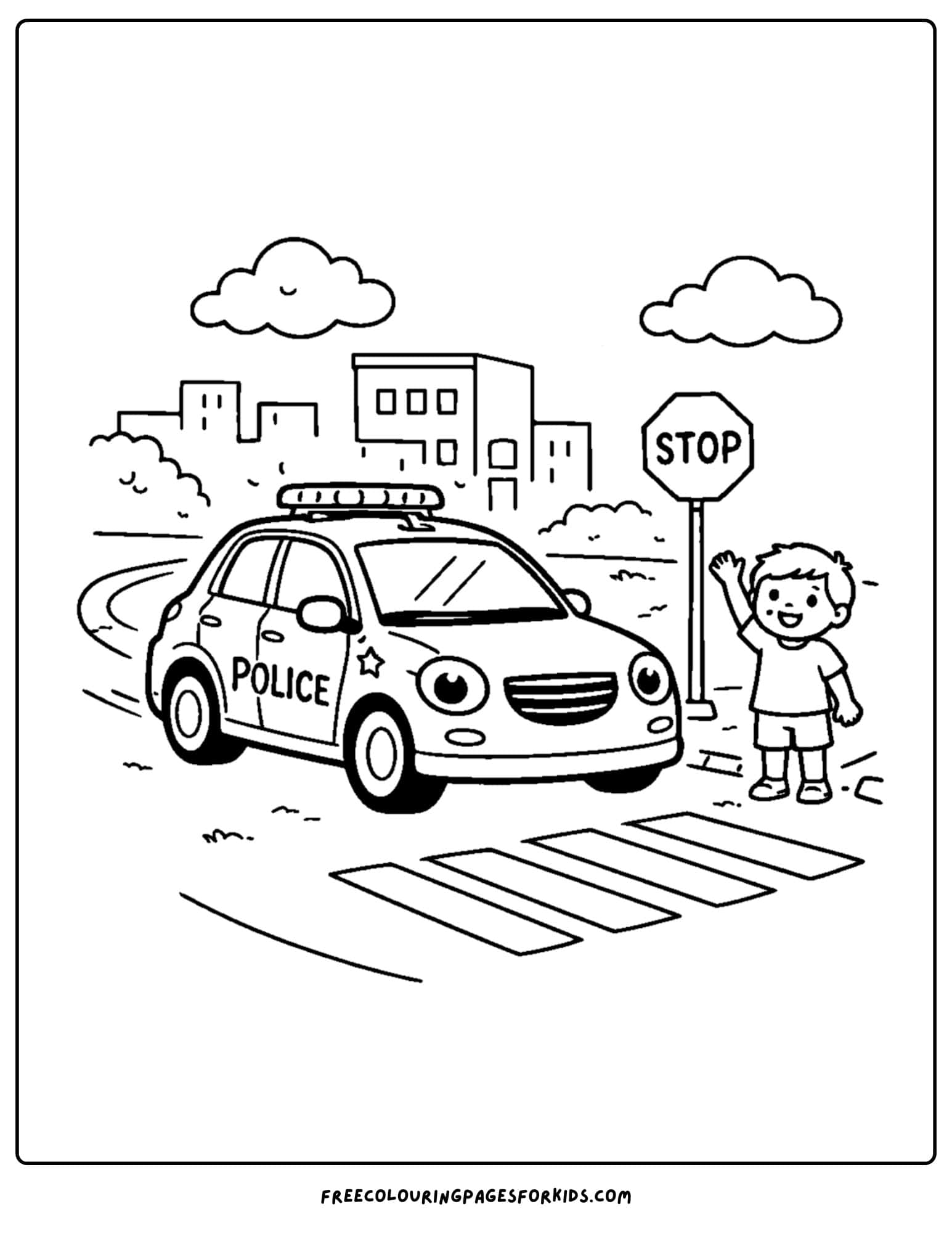 a coloring page of a police car stopped at a childrens crosswalk