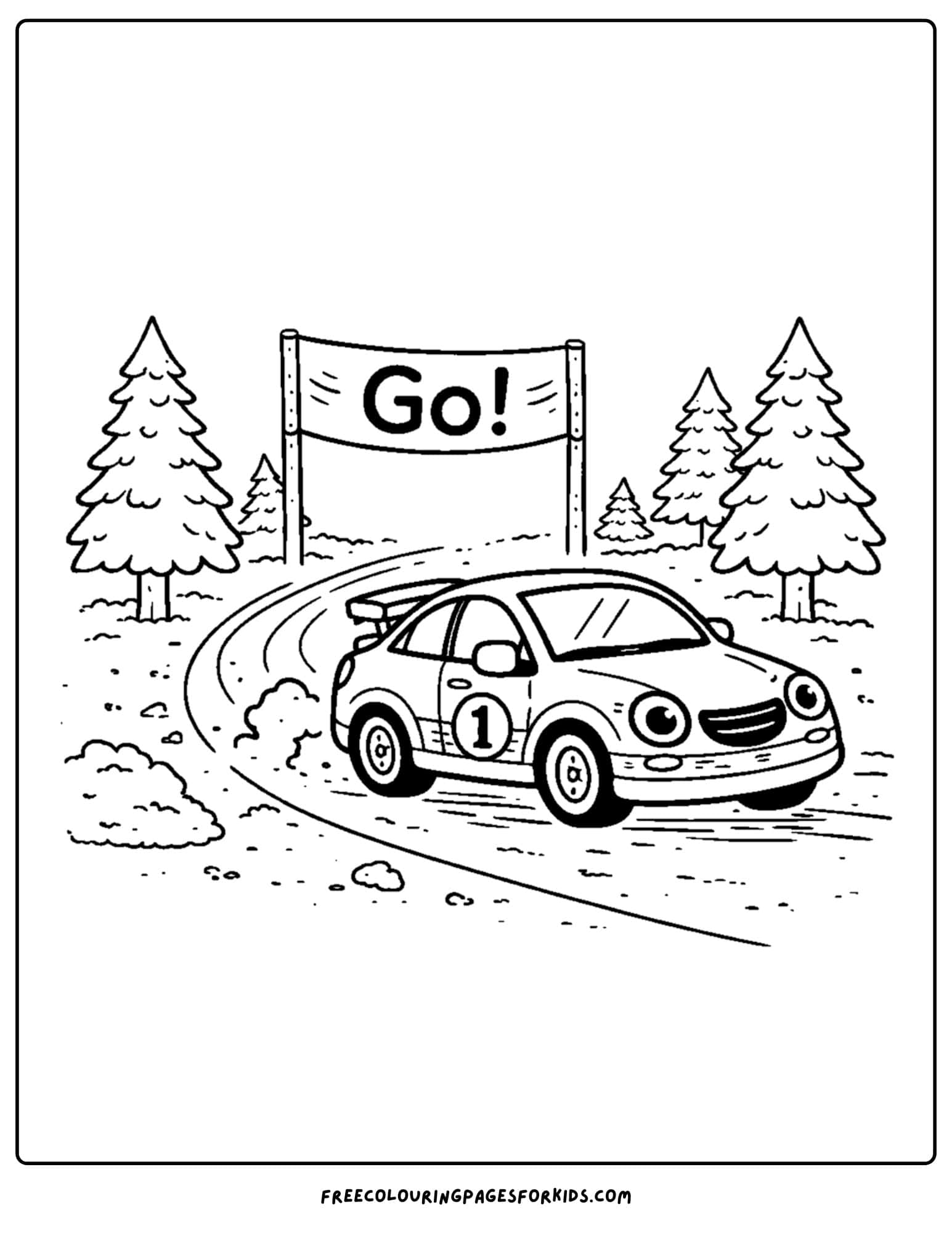 a coloring page of a rally car going around a track
