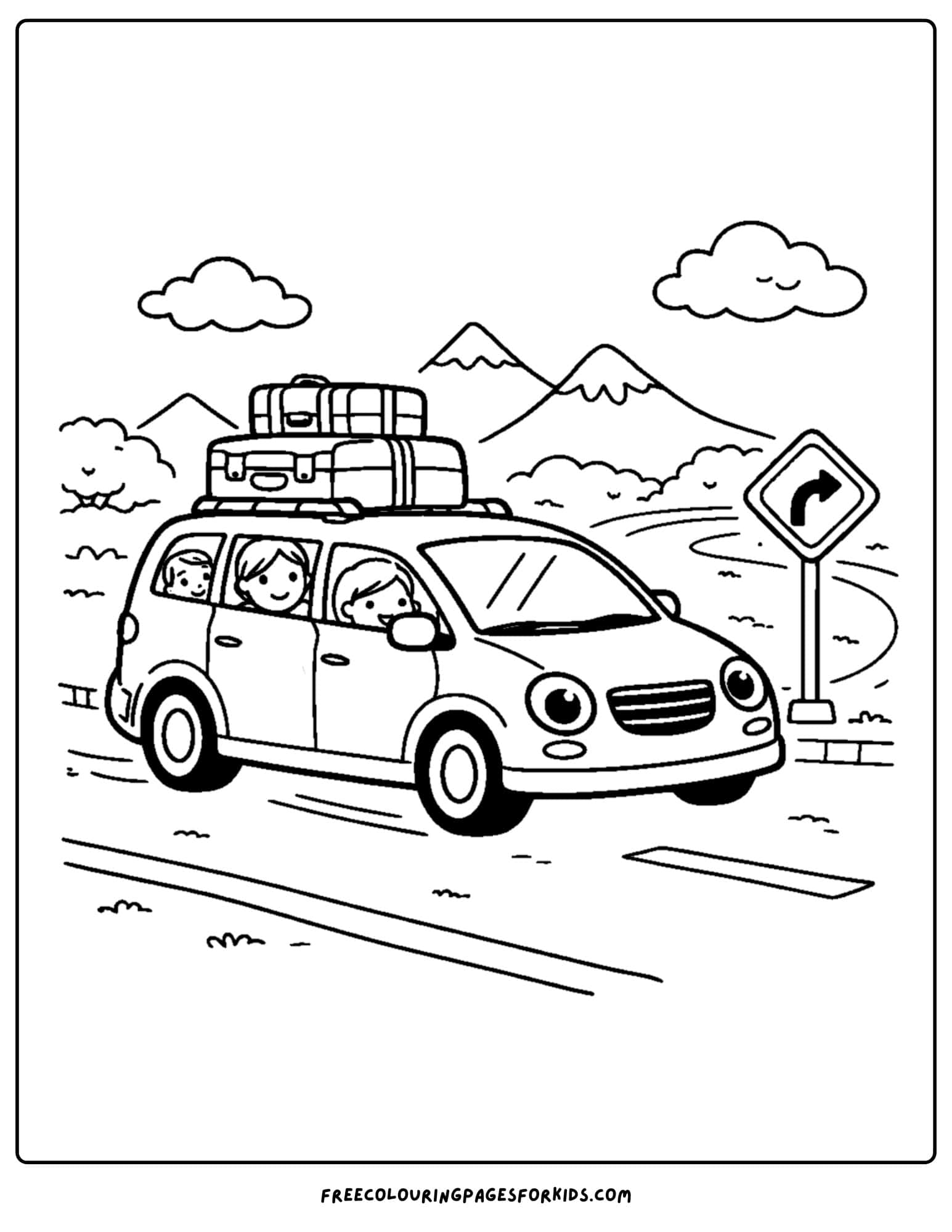a coloring page of a minivan with luggage packed on the roof going away on a holiday