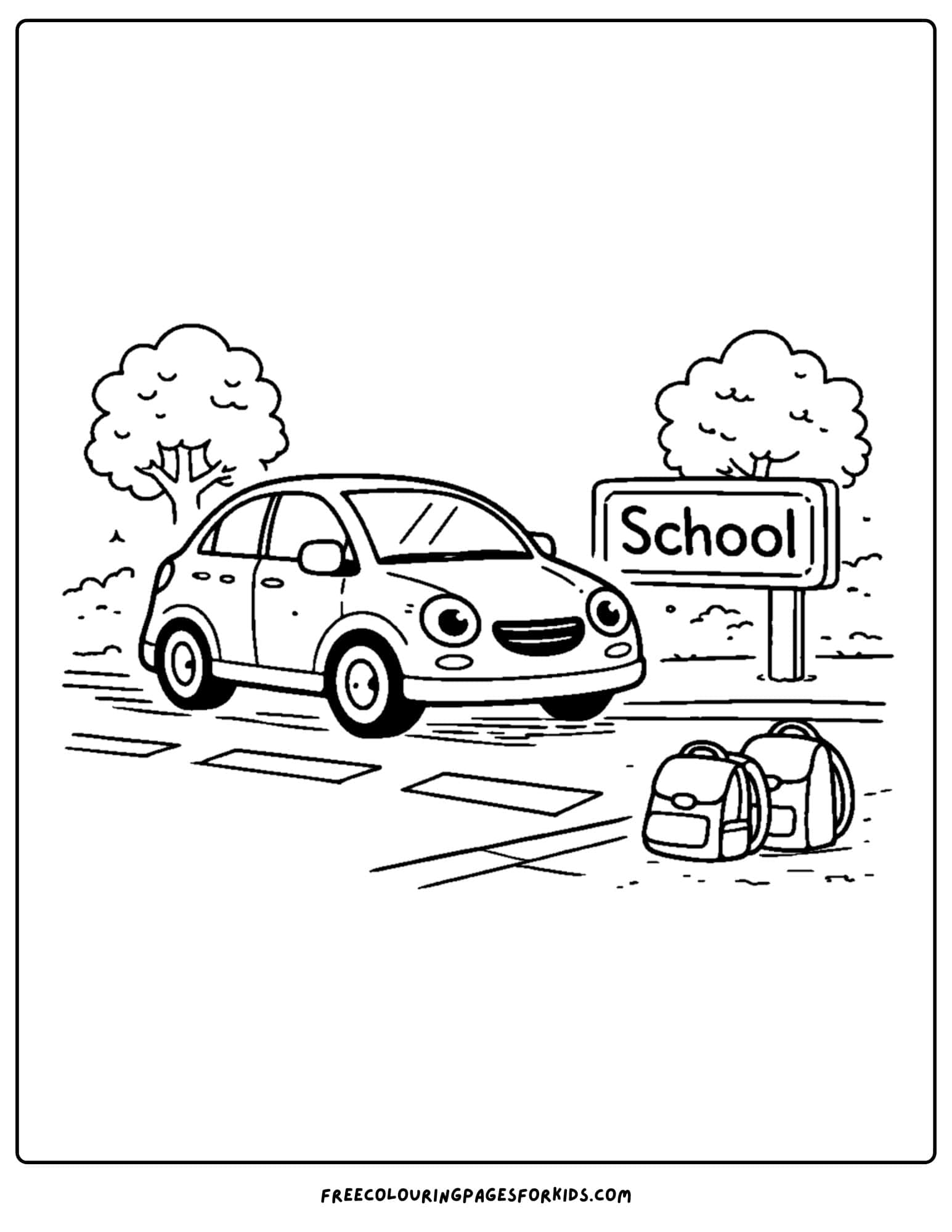 a coloring page of a car at a school drop off