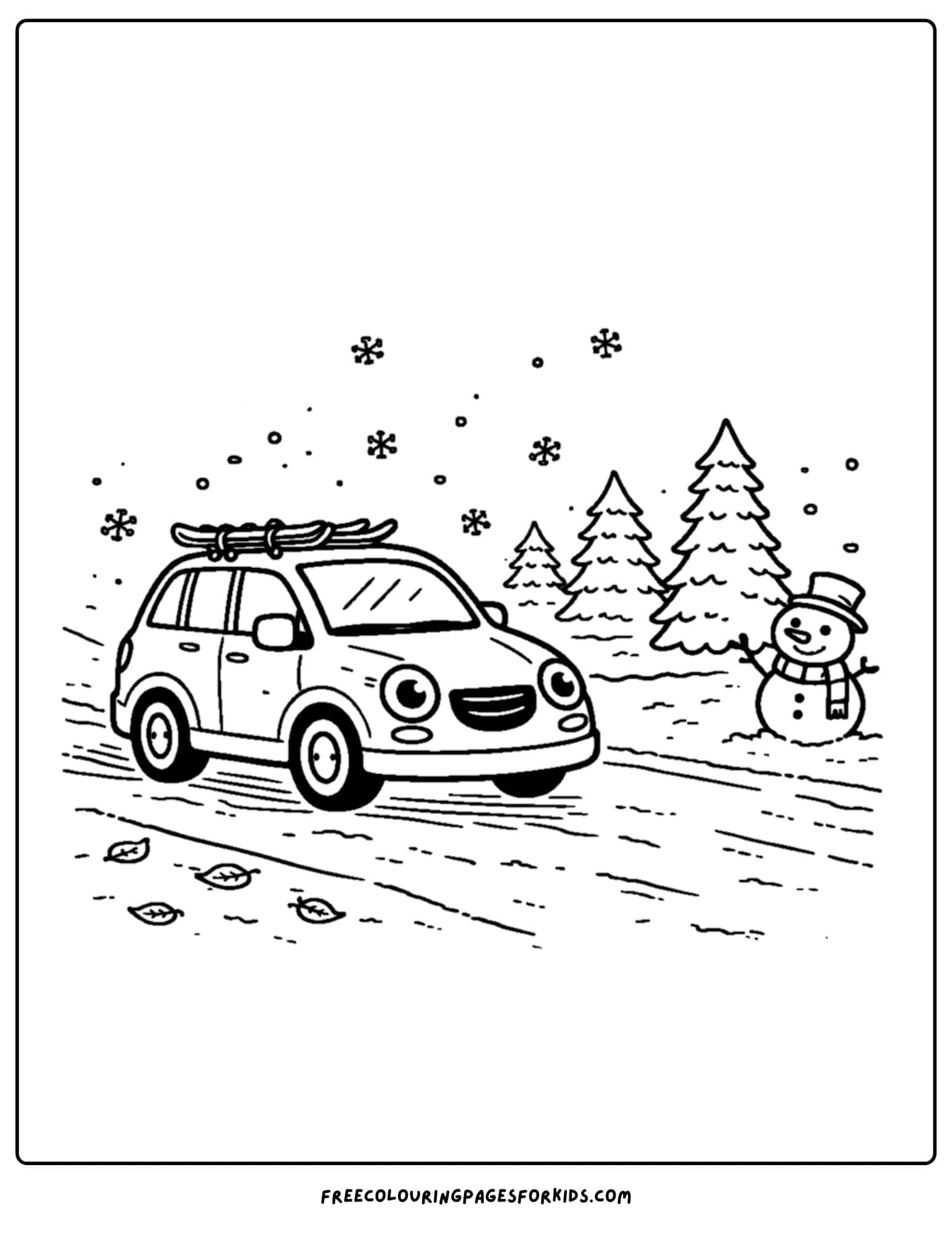 a coloring page of a car going on a winter snowy holiday