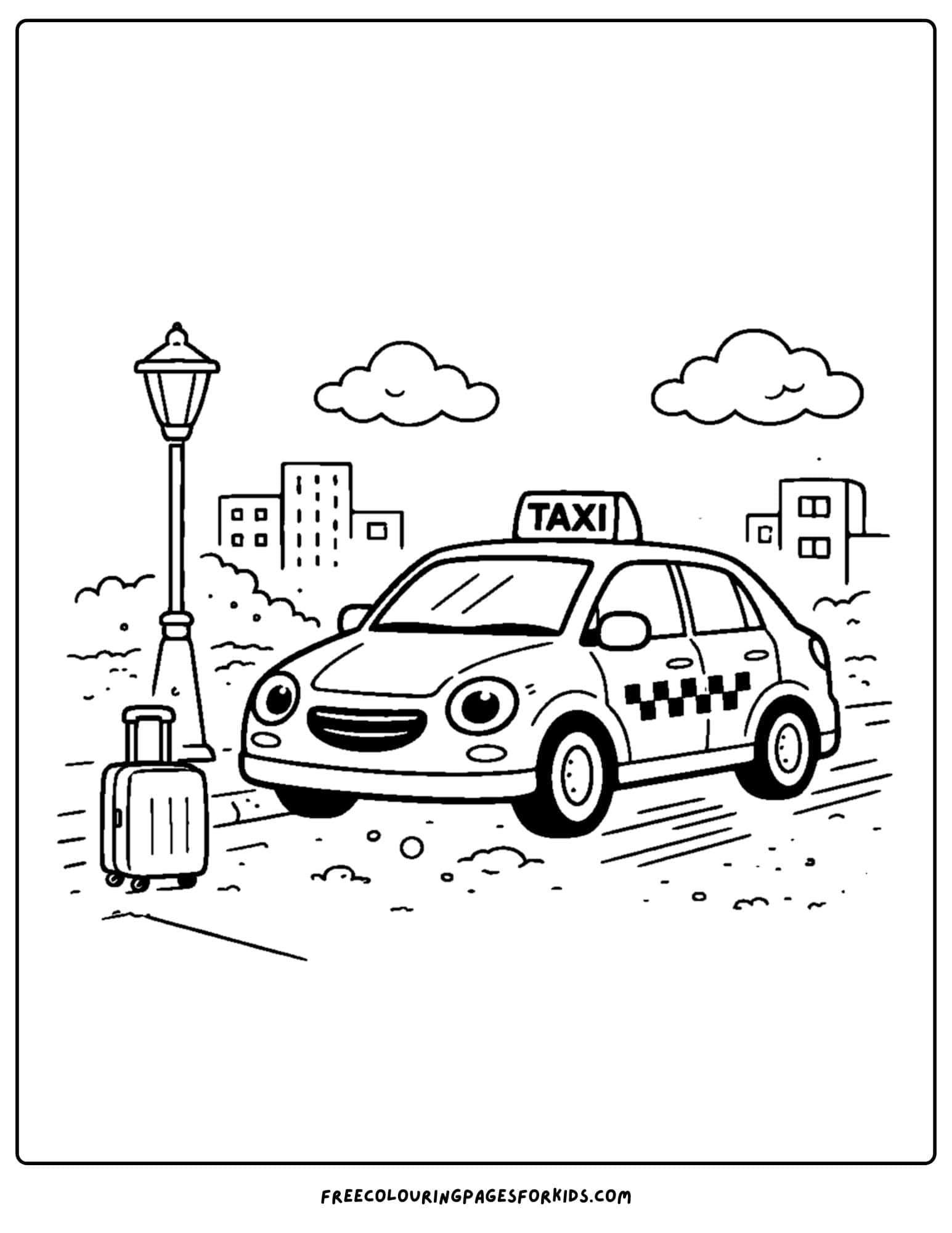 a coloring page of a taxi stopped at the curb to pickup a passenger