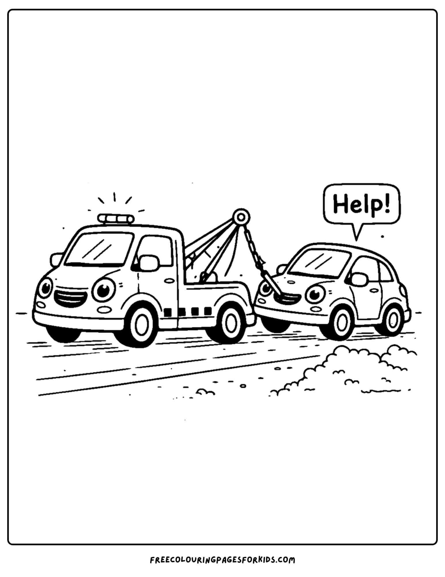 a coloring page of a tow truck rescuing a car
