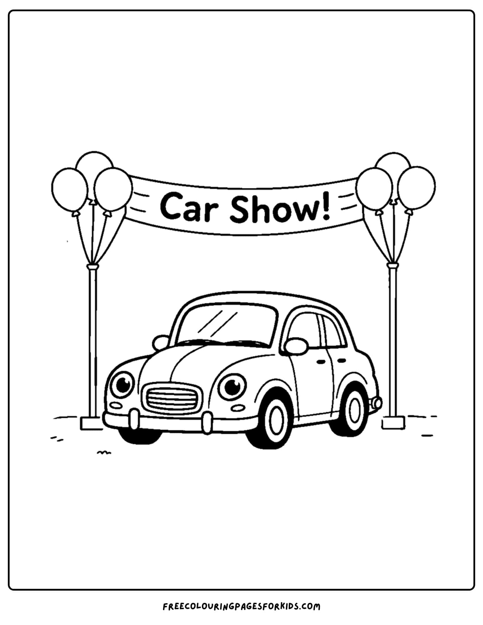 a coloring page of a vintage car at a car show
