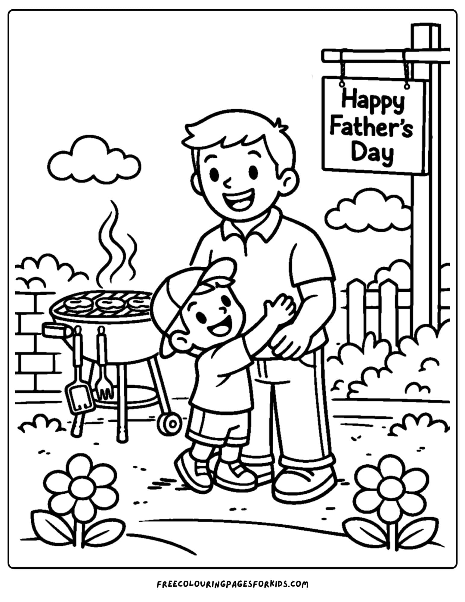 a coloring page for fathers day showcasing a child and their father cooking on the bbq
