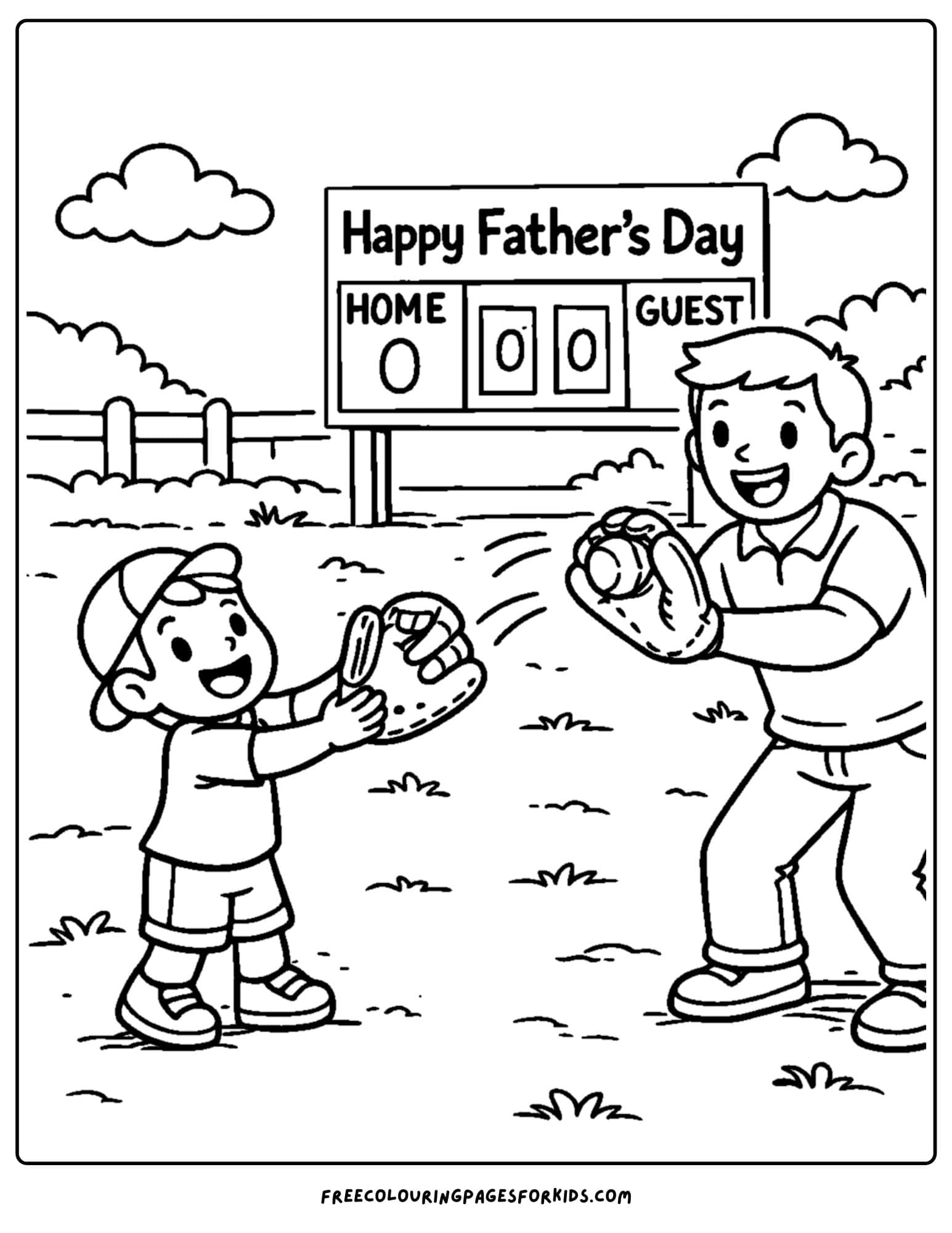 a coloring page for fathers day showcasing a child and their father playing catch with a baseball and gloves