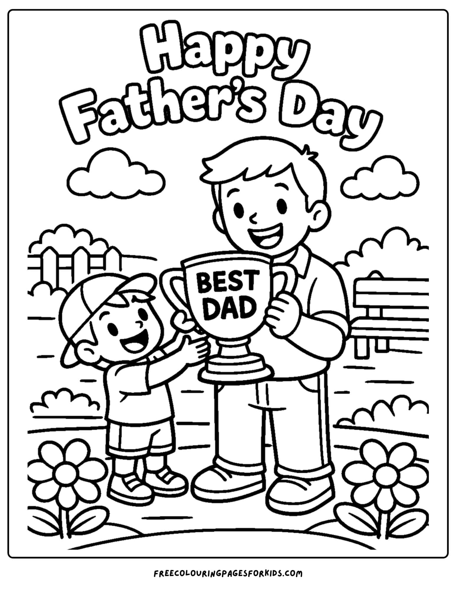 a coloring page for fathers day showcasing a child and their father getting a best dad trophy