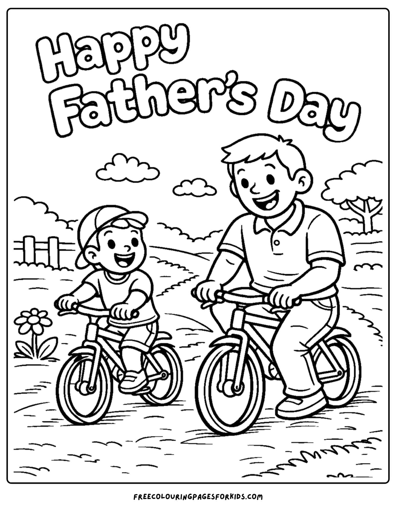 a coloring page for fathers day showcasing a child and their father riding bikes in the park together