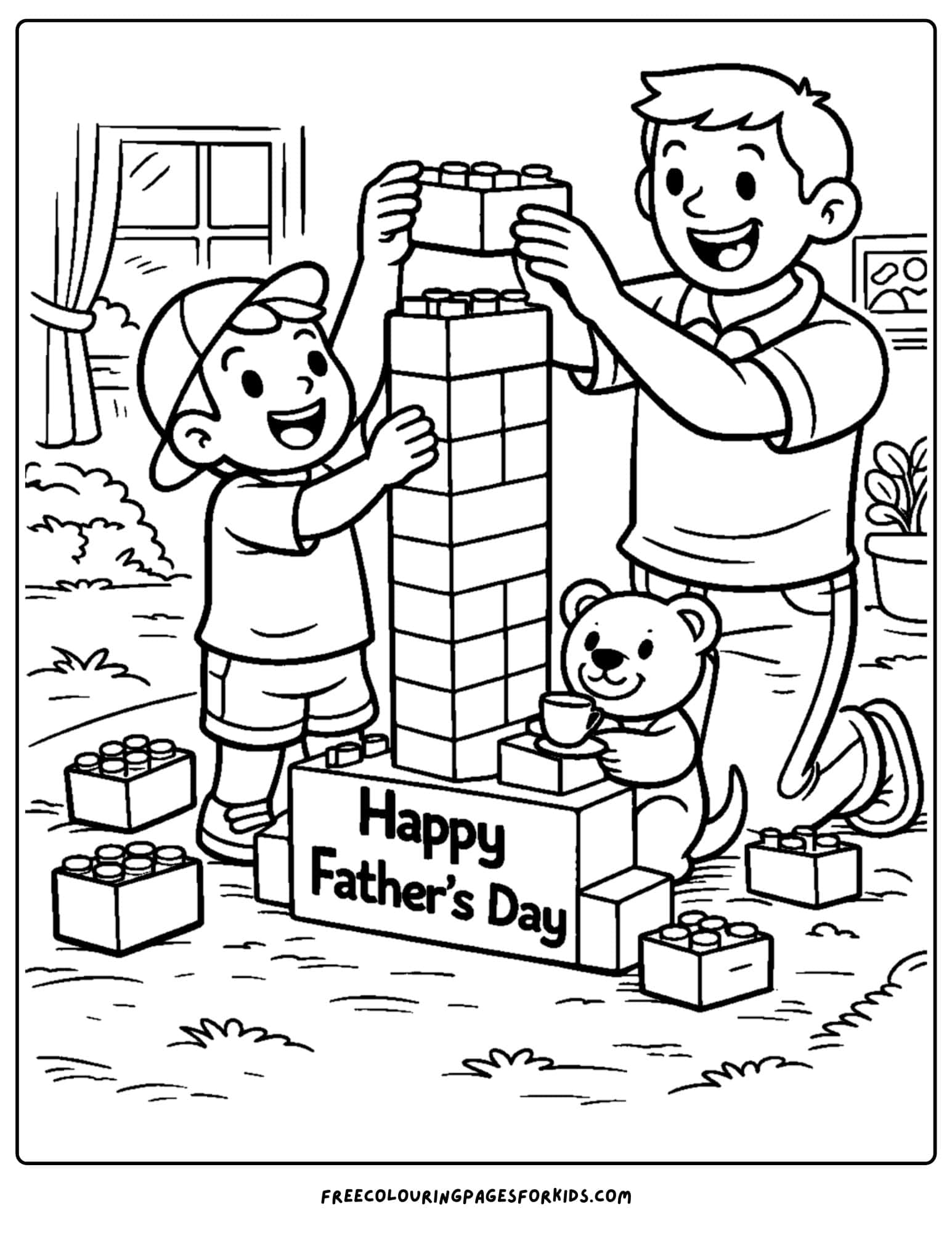 a coloring page for fathers day showcasing a child and their father building a block tower