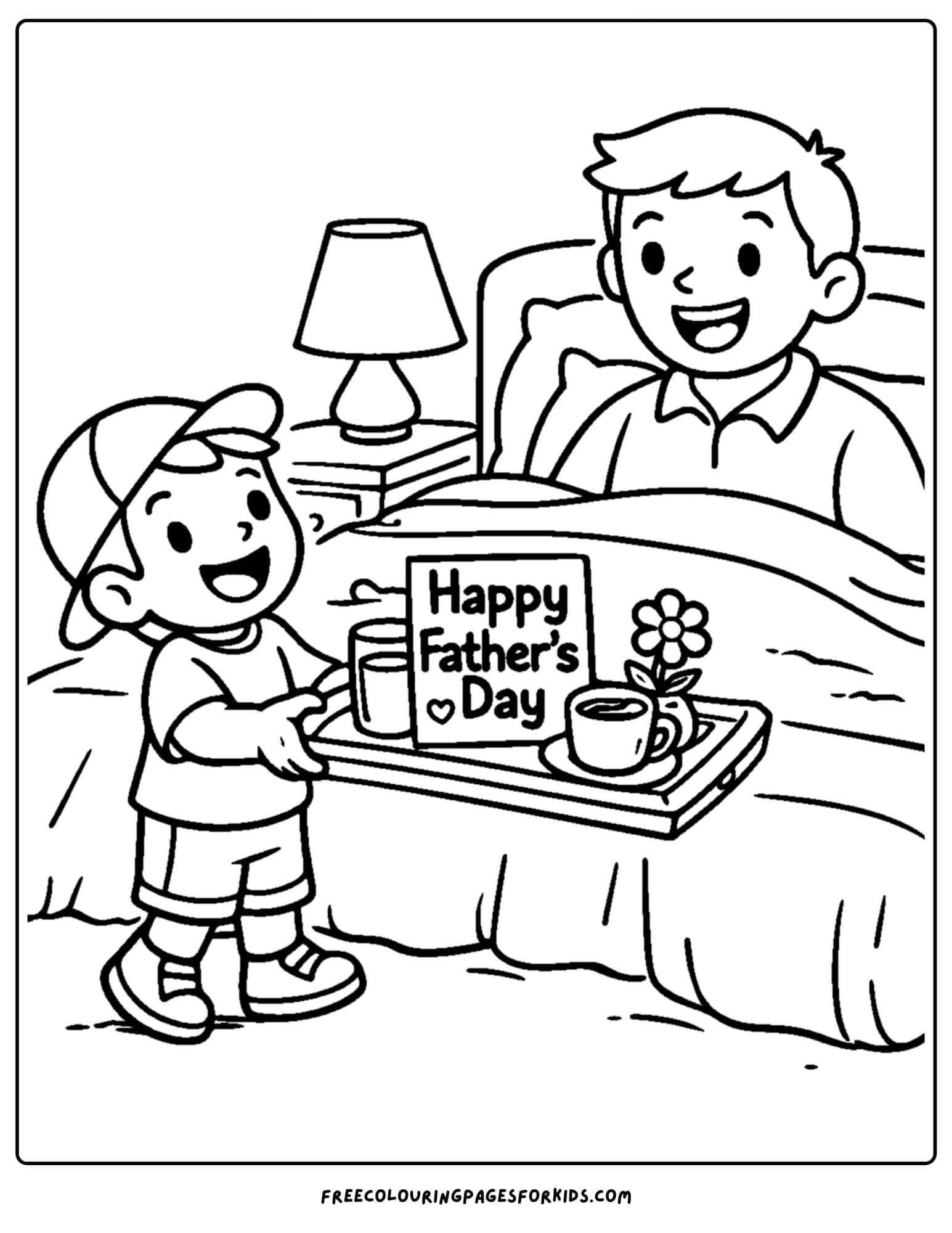 a coloring page for fathers day showcasing a child and their father getting breakfast in bed
