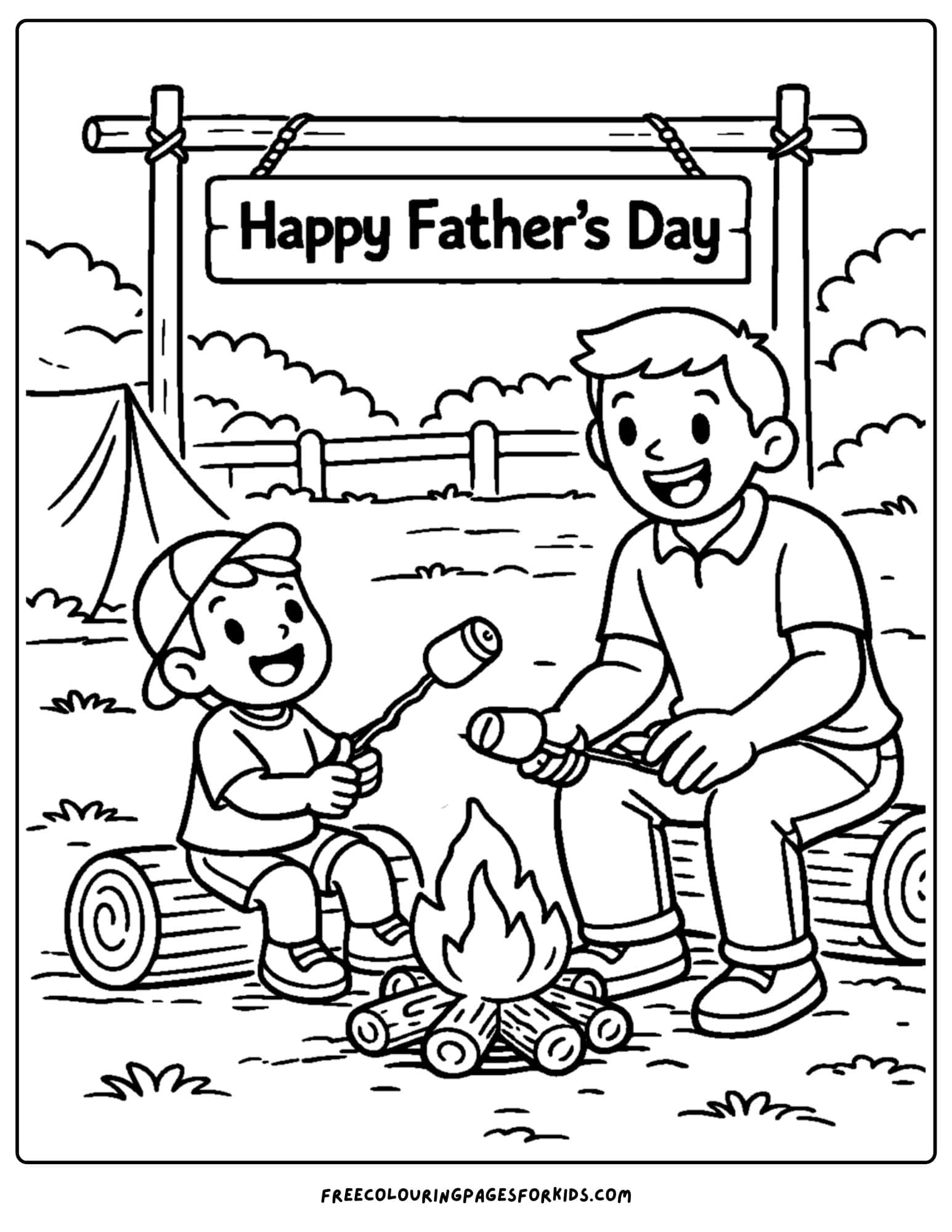 a coloring page for fathers day showcasing a child and their father camping and roasting marshmallows