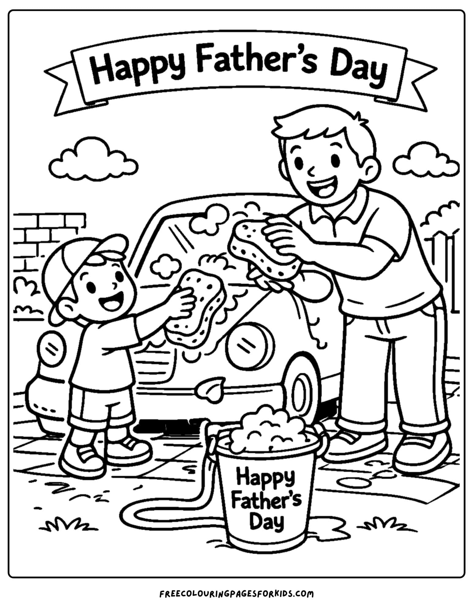 a coloring page for fathers day showcasing a child and their father washing the car together