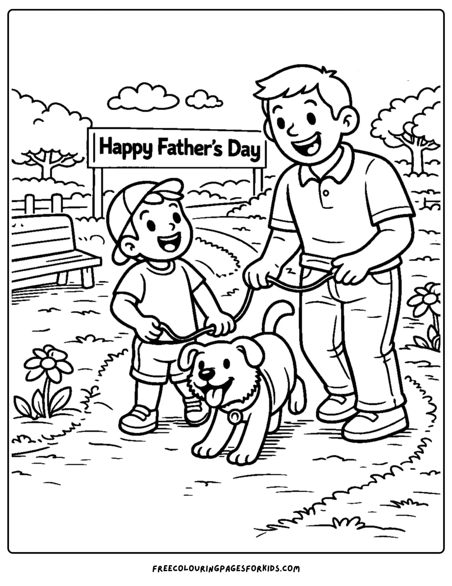 a coloring page for fathers day showcasing a child and their father taking their dog for a walk